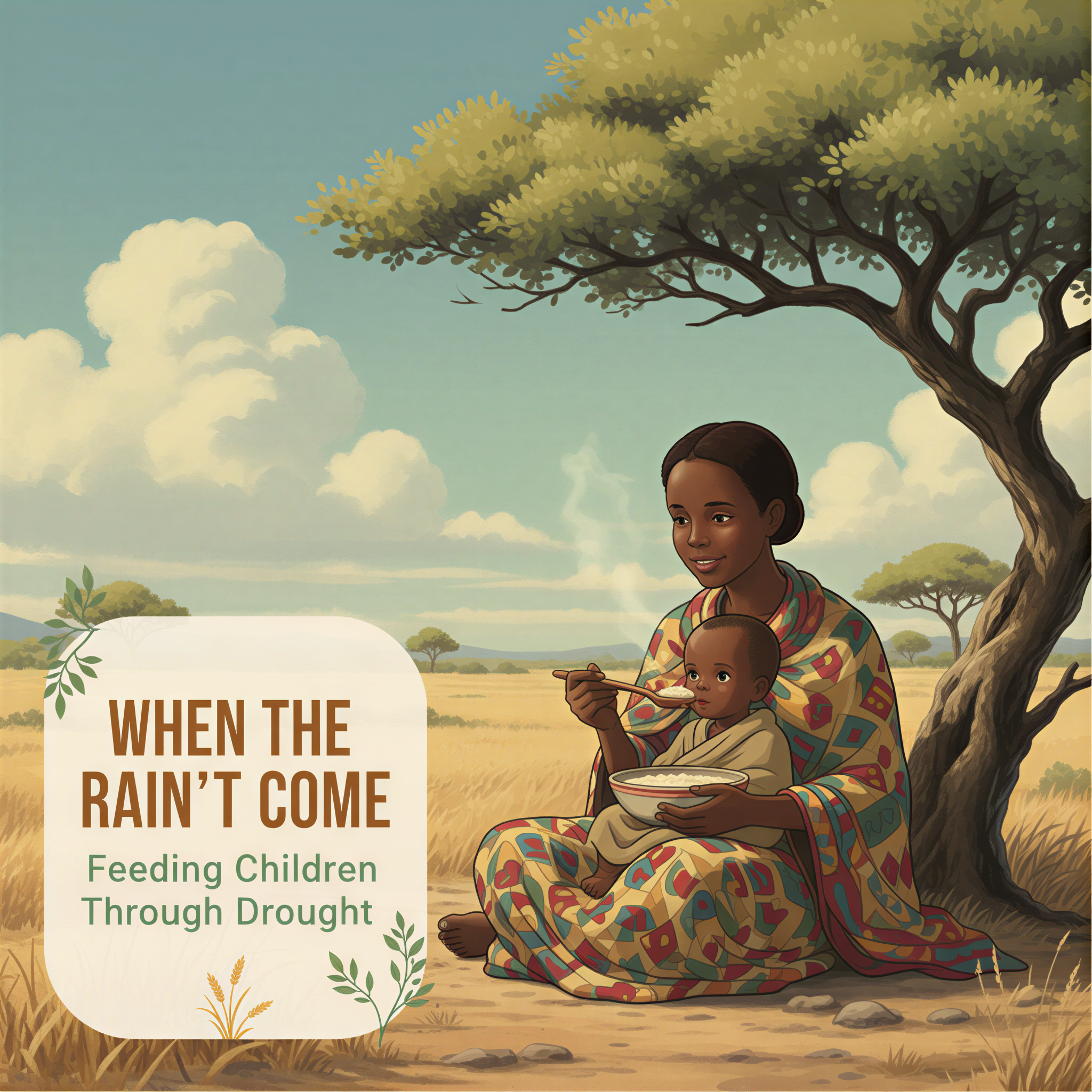 Studio Ghibli style banner showing a Kenyan mother lovingly feeding her child thick porridge under a vast, slightly overcast sky, with text overlay.