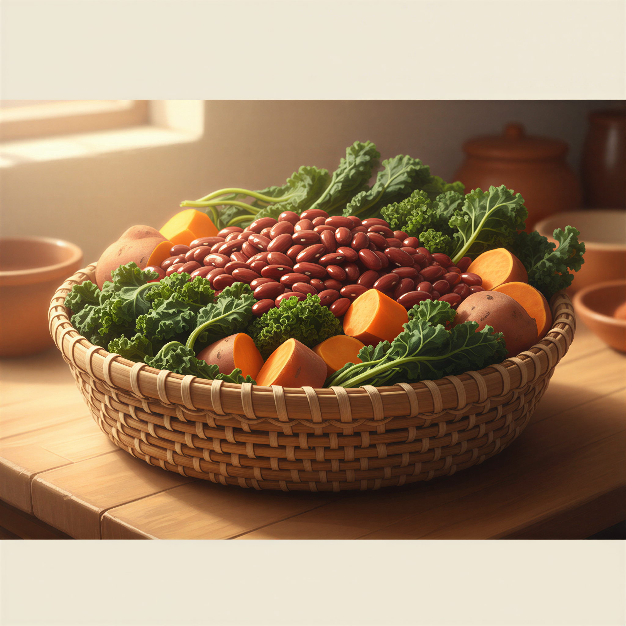 Close-up of colorful dried beans, dark leafy greens, and orange sweet potatoes in a woven basket, Ghibli style.