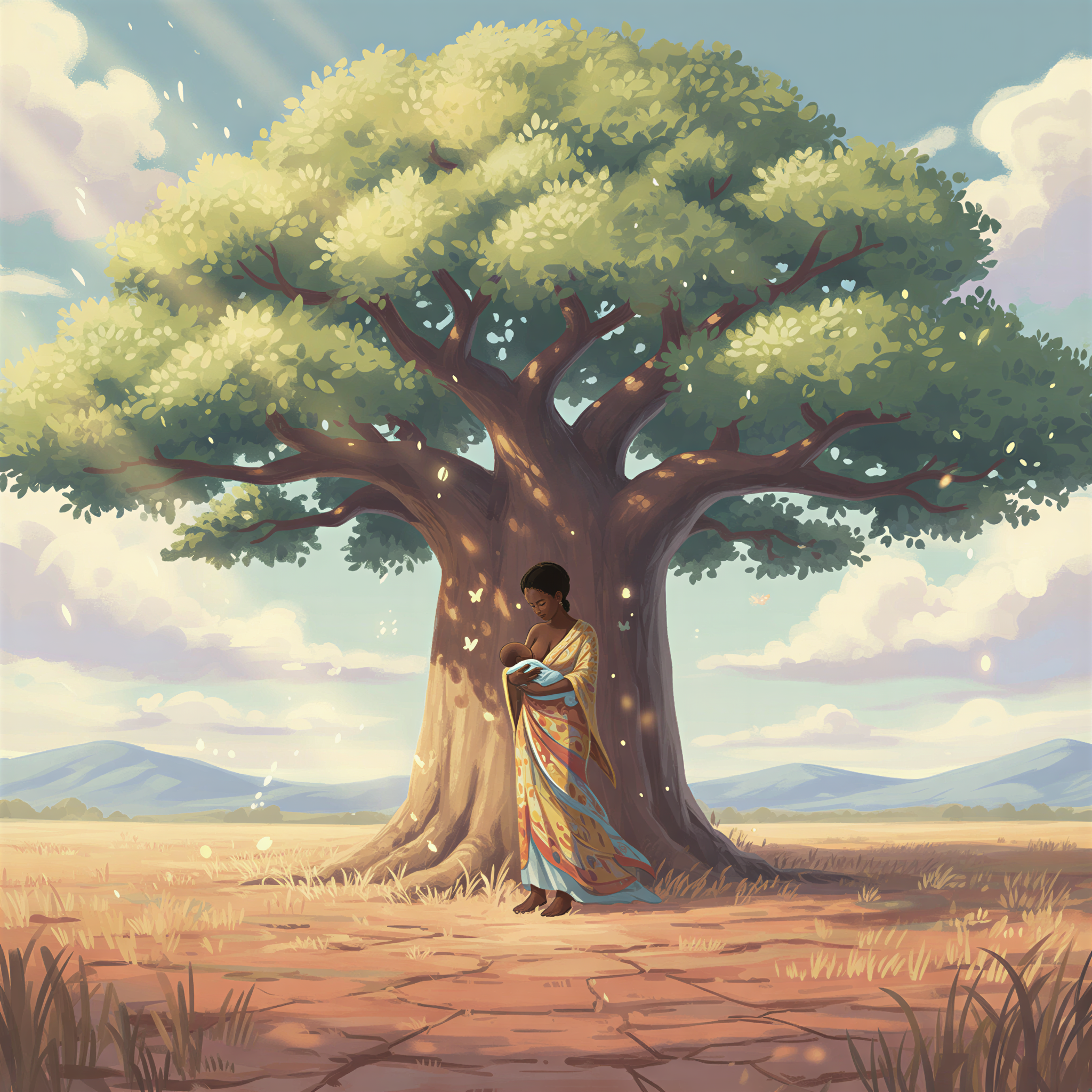 A tender Ghibli illustration of a mother breastfeeding her infant under the protection of a large, sheltering baobab tree in a dry landscape.