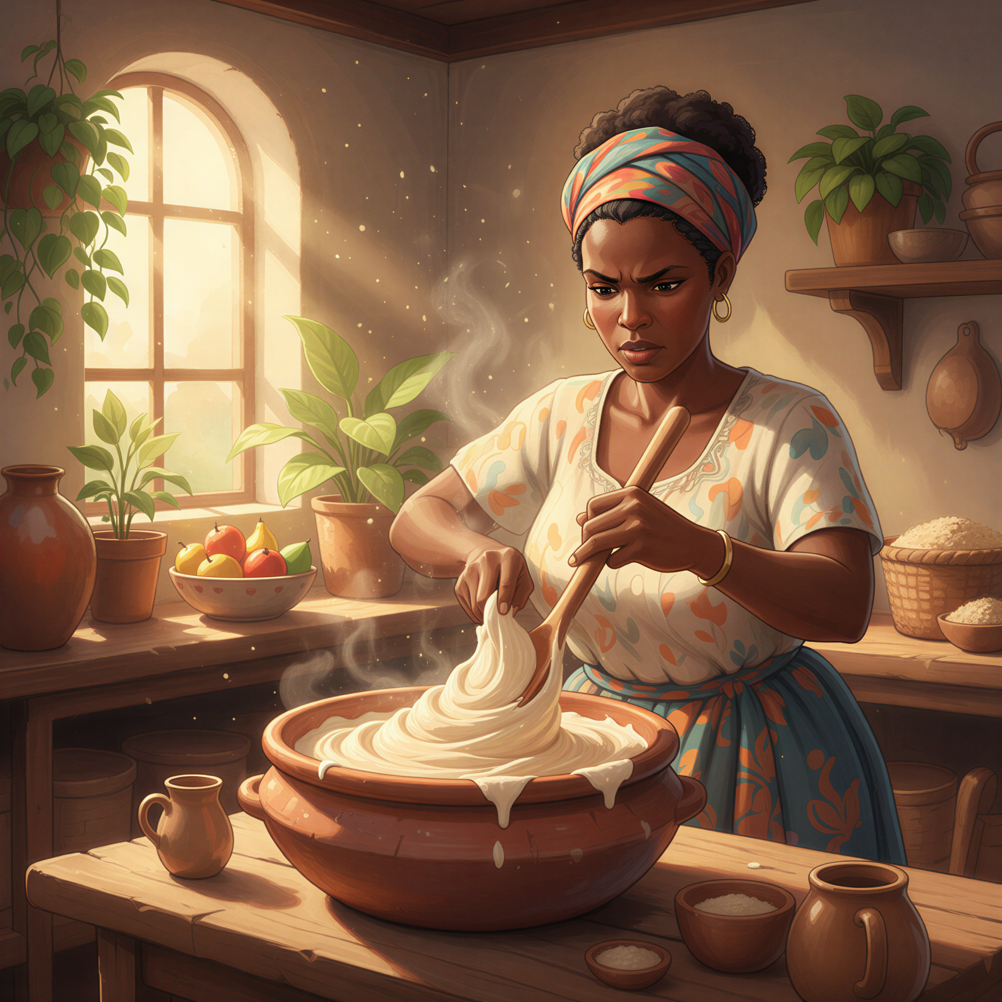 A Kenyan mother stirring a thick, steaming porridge in a large pot with a wooden spoon, Ghibli style.