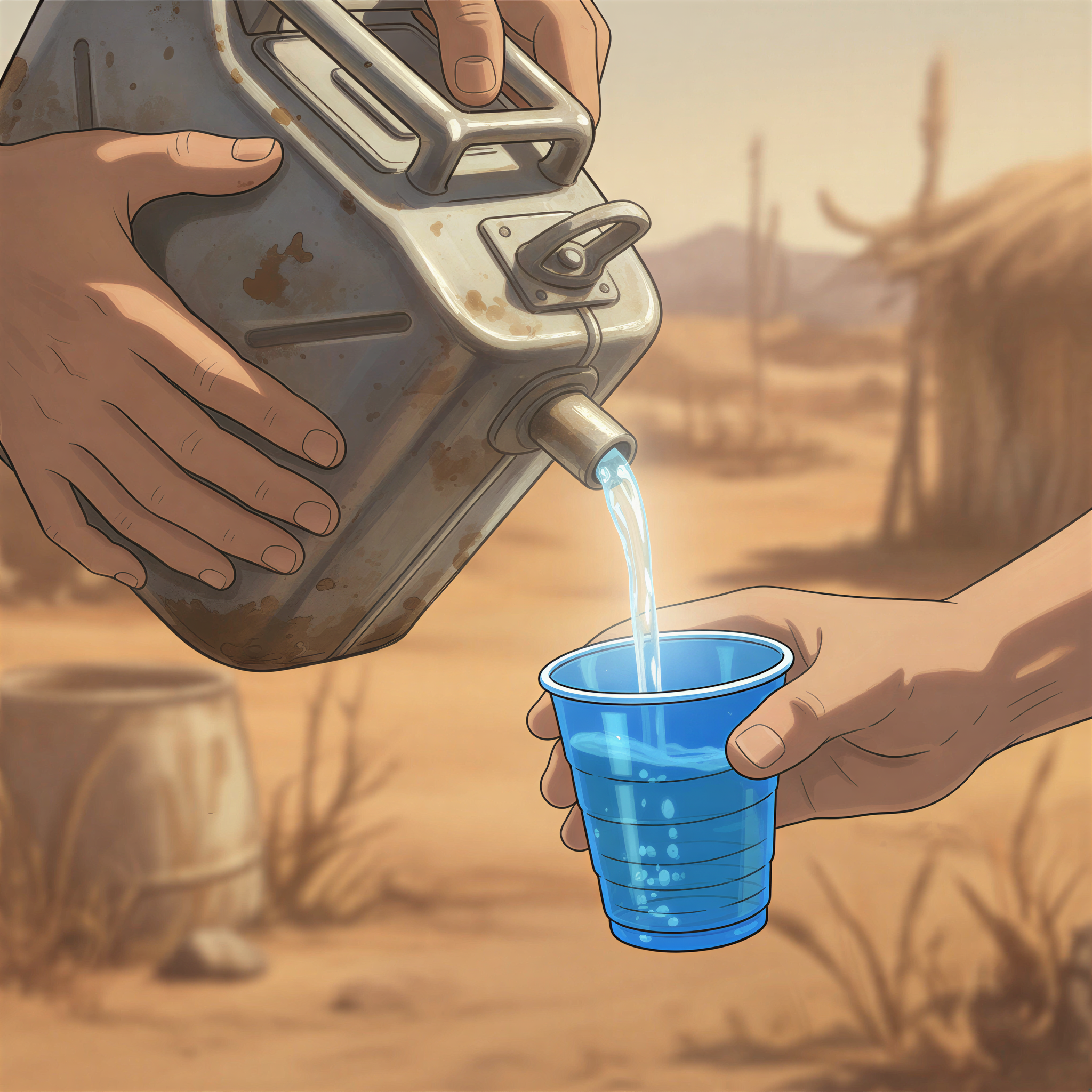 Hands carefully pouring treated water into a small, clean cup in a dry environment, Ghibli style.