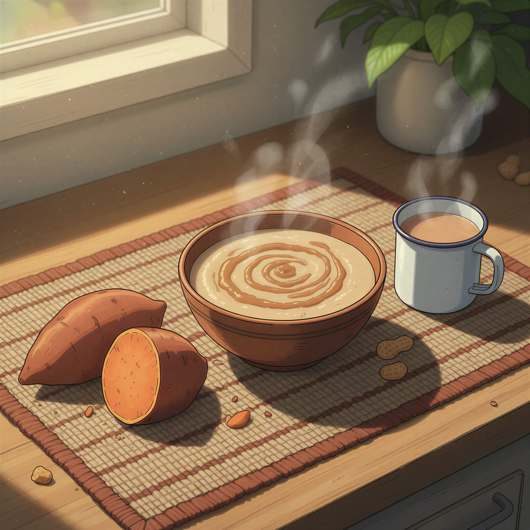 Ghibli still life of affordable Kenyan breakfast foods like uji, boiled eggs, sweet potato, and milk, emphasizing nutrition on a budget.