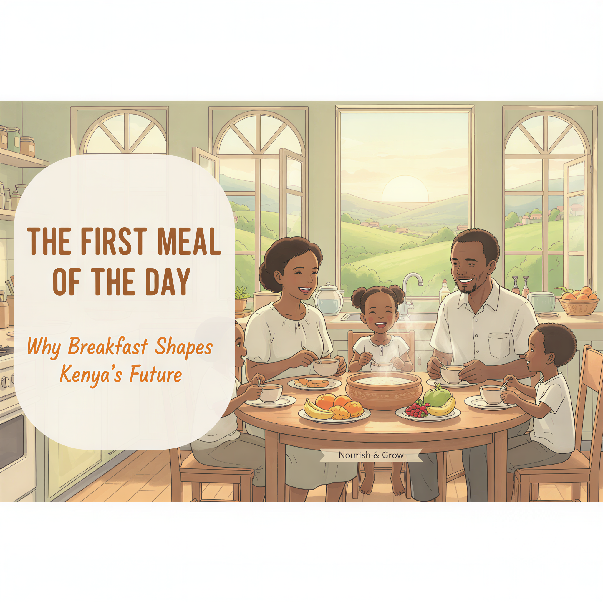 Studio Ghibli style image of a Kenyan family sharing a warm, nutritious breakfast bathed in soft morning light, symbolizing hope and future success.