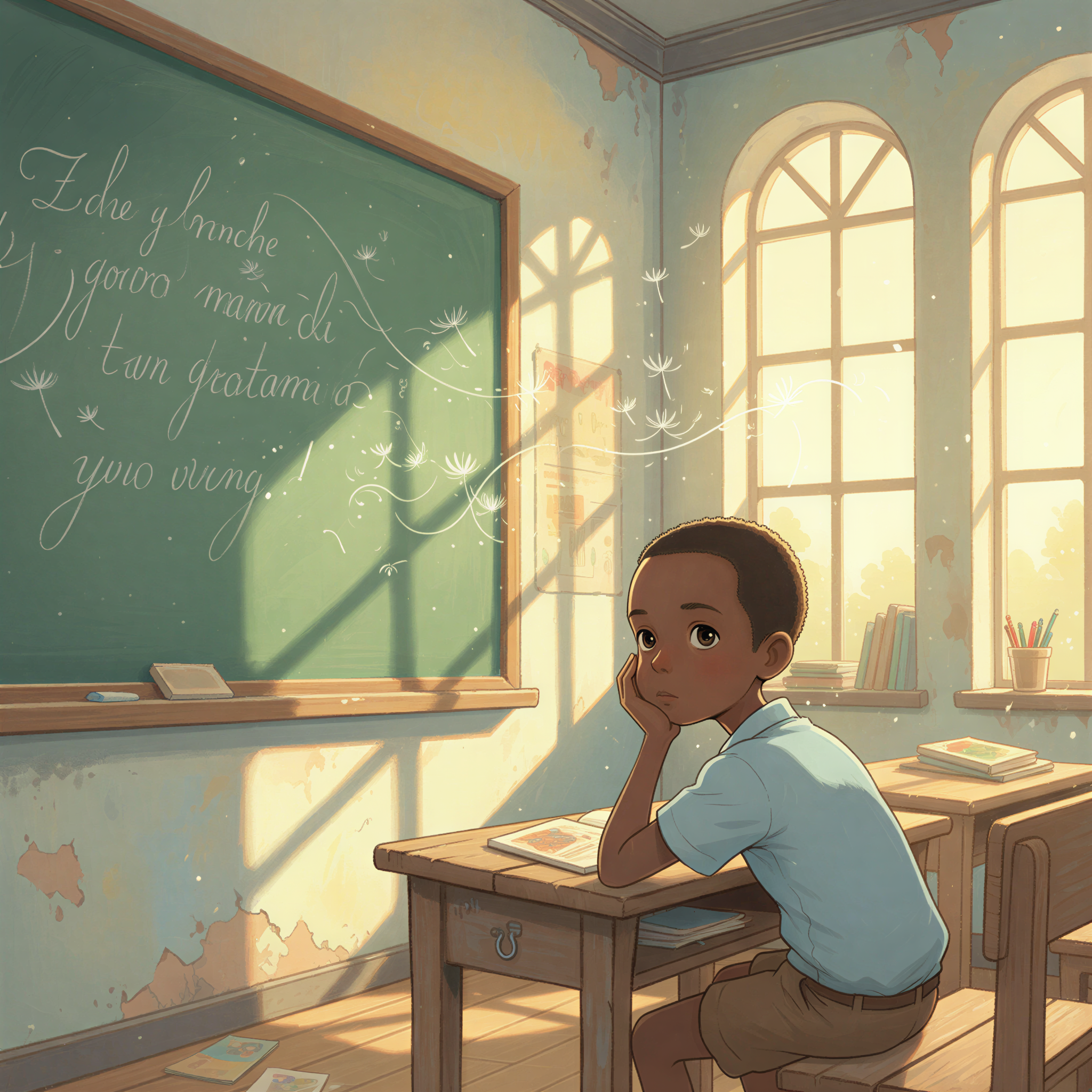 Ghibli illustration of a young Kenyan student looking drowsy in a brightly lit classroom, symbolizing lack of concentration due to skipping breakfast.