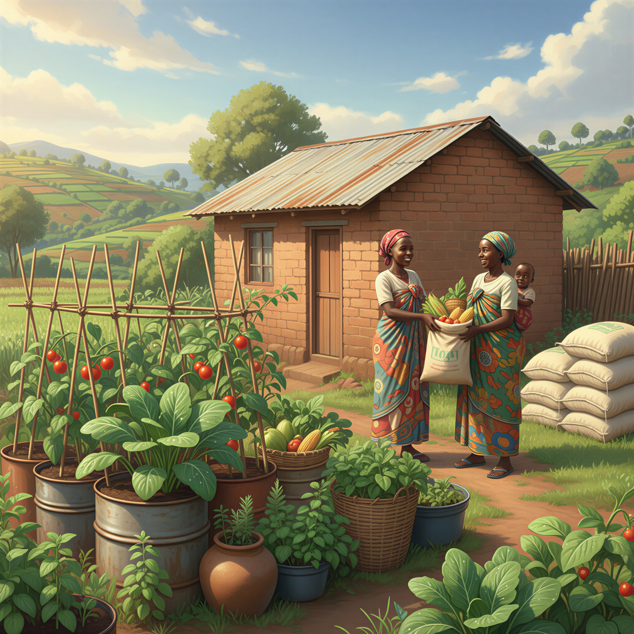 Ghibli image depicting community members happily sharing bulk food purchases or tending a small shared garden to afford better nutrition.