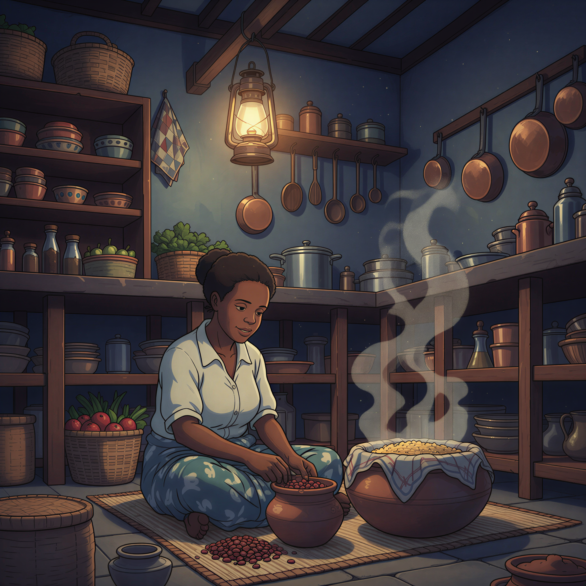 Ghibli scene of a Kenyan mother efficiently preparing ingredients for breakfast the night before, focusing on organization and calm.