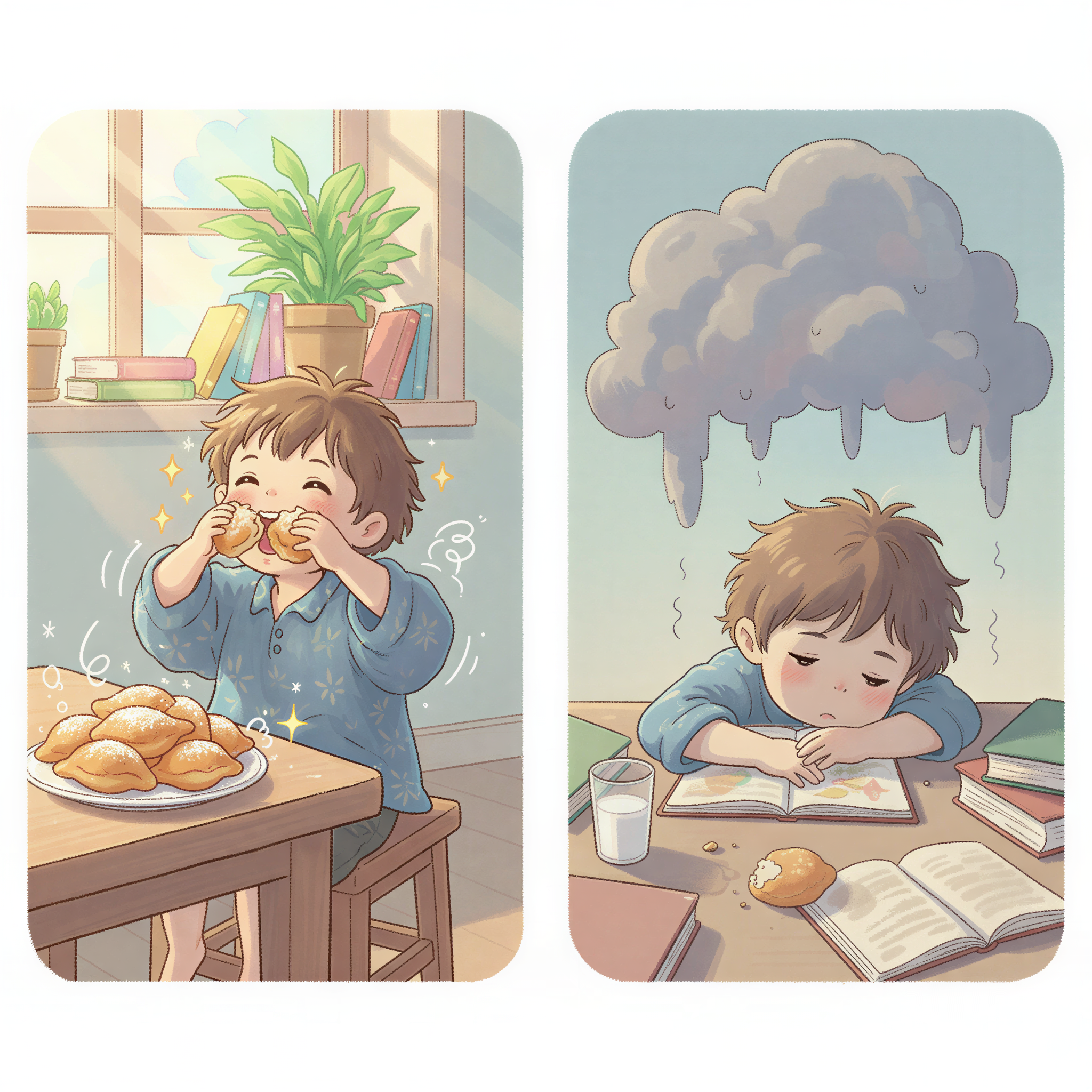 Ghibli illustration showing a child experiencing a sugar crash after eating a sugary breakfast, symbolized by drooping energy.