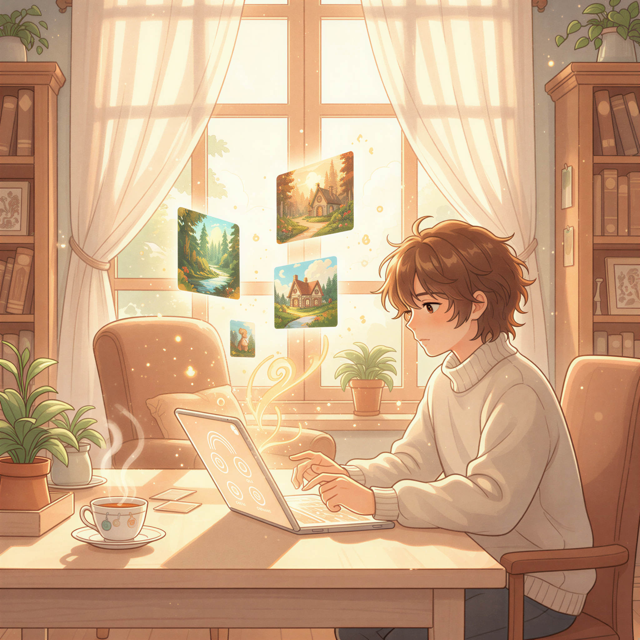 Ghibli illustration showing a swift, effortless AI workflow for generating branded newsletter images.
