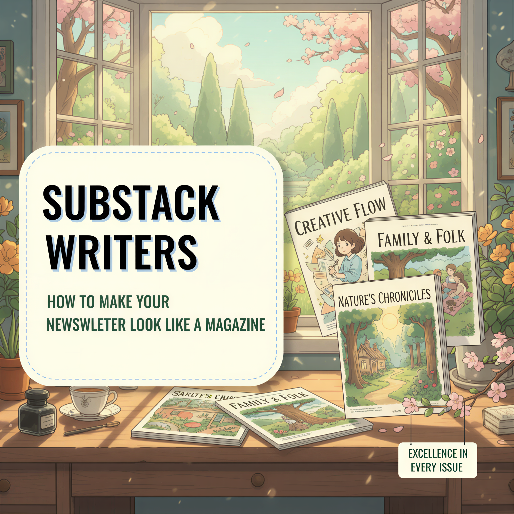 Ghibli style banner for Substack writers showing a stack of beautifully designed, magazine-like newsletters.