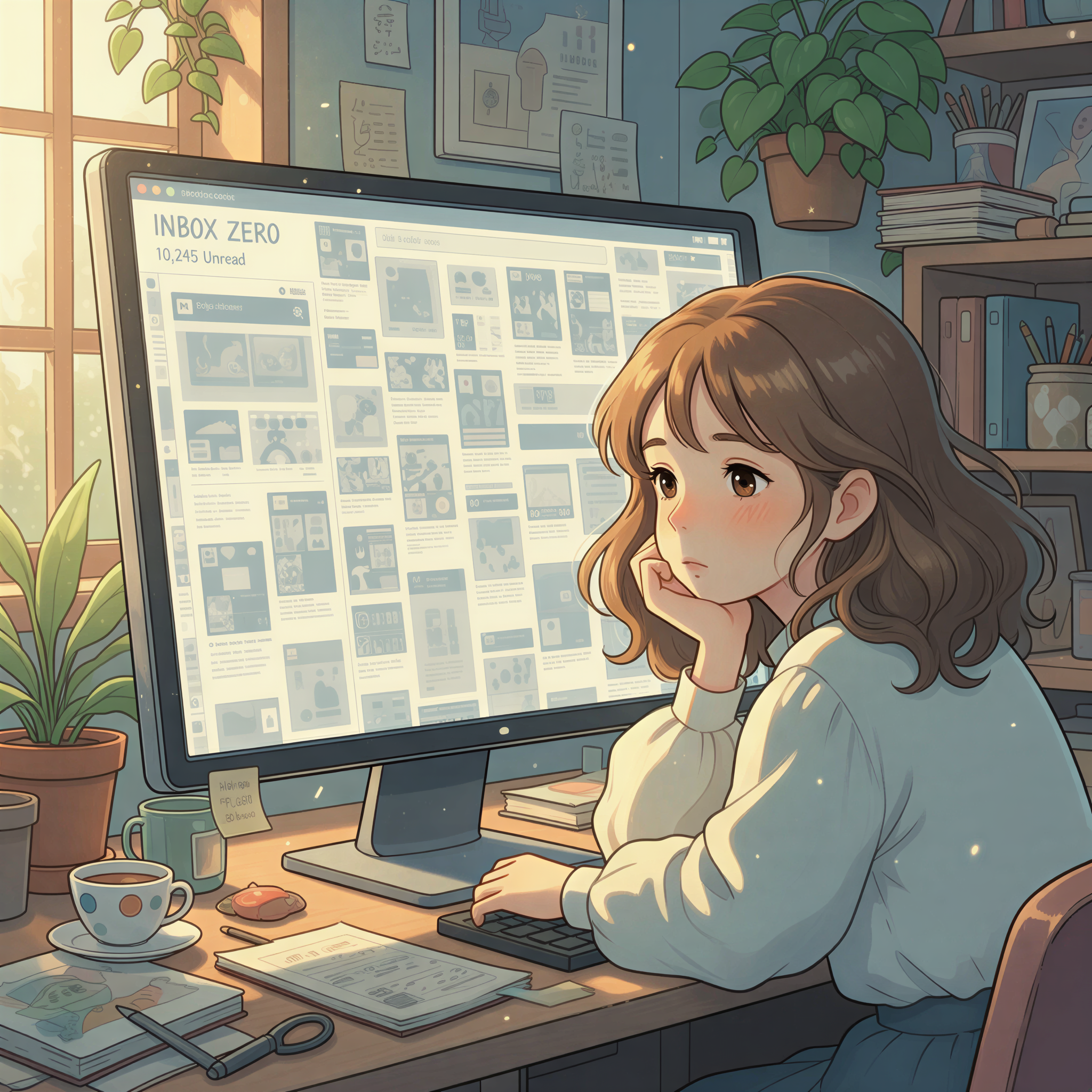 Ghibli style illustration of an overflowing digital inbox with identical, bland newsletter thumbnails blending together.