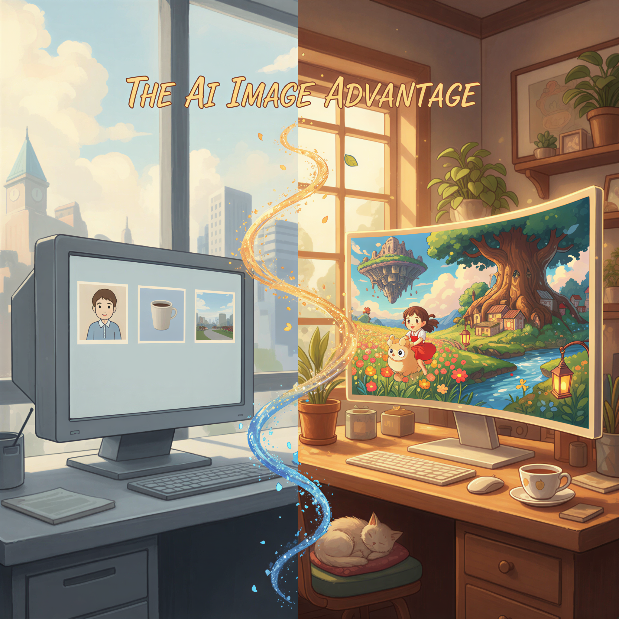 Ghibli-style side-by-side view: one half shows a generic, dull desktop, the other shows a vibrant one featuring distinct AI illustrations.