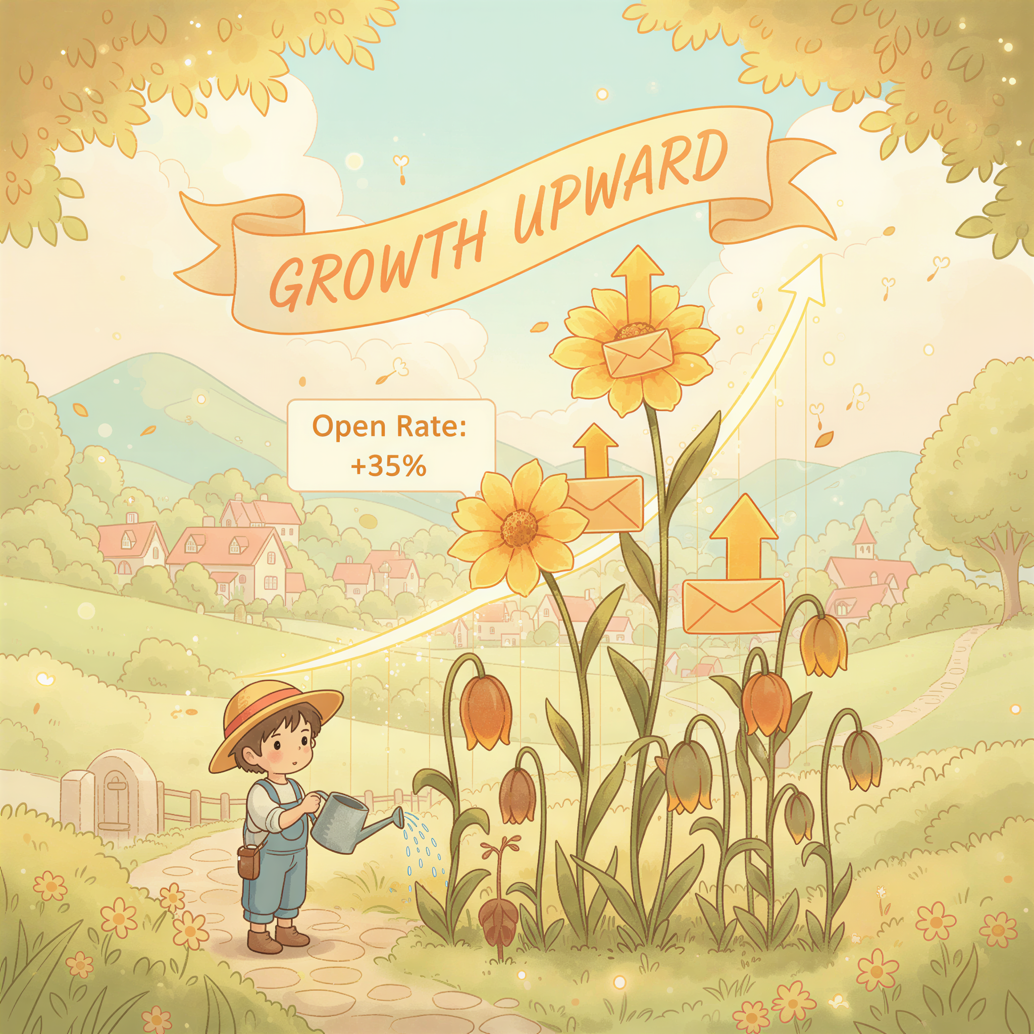 Clean infographic visualization styled in Ghibli aesthetic showing rising bars representing a 15-30% open rate increase.