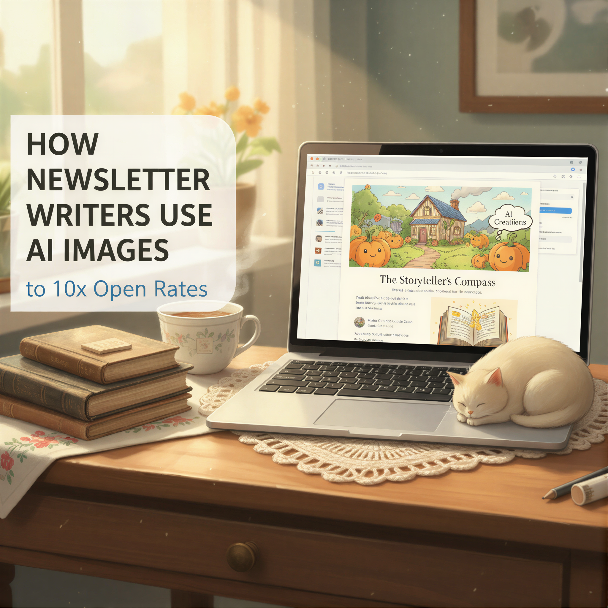 Studio Ghibli style banner showing an open laptop displaying an email inbox with a distinctive, warmly illustrated newsletter thumbnail, overlaid with the title.