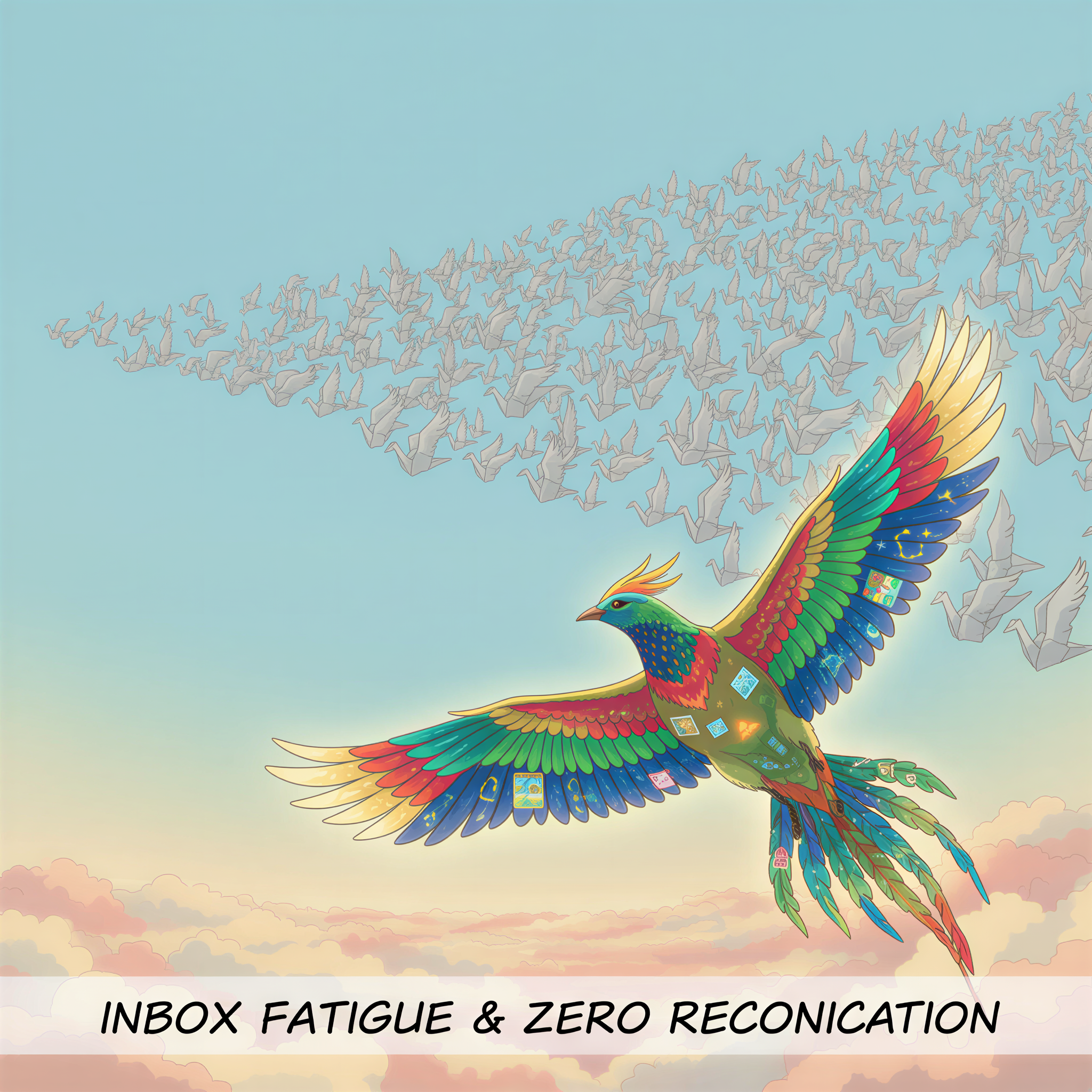 Ghibli style image illustrating inbox fatigue: many identical, grey paper cranes flying in a monotonous line, contrasted by one unique, colorful bird.