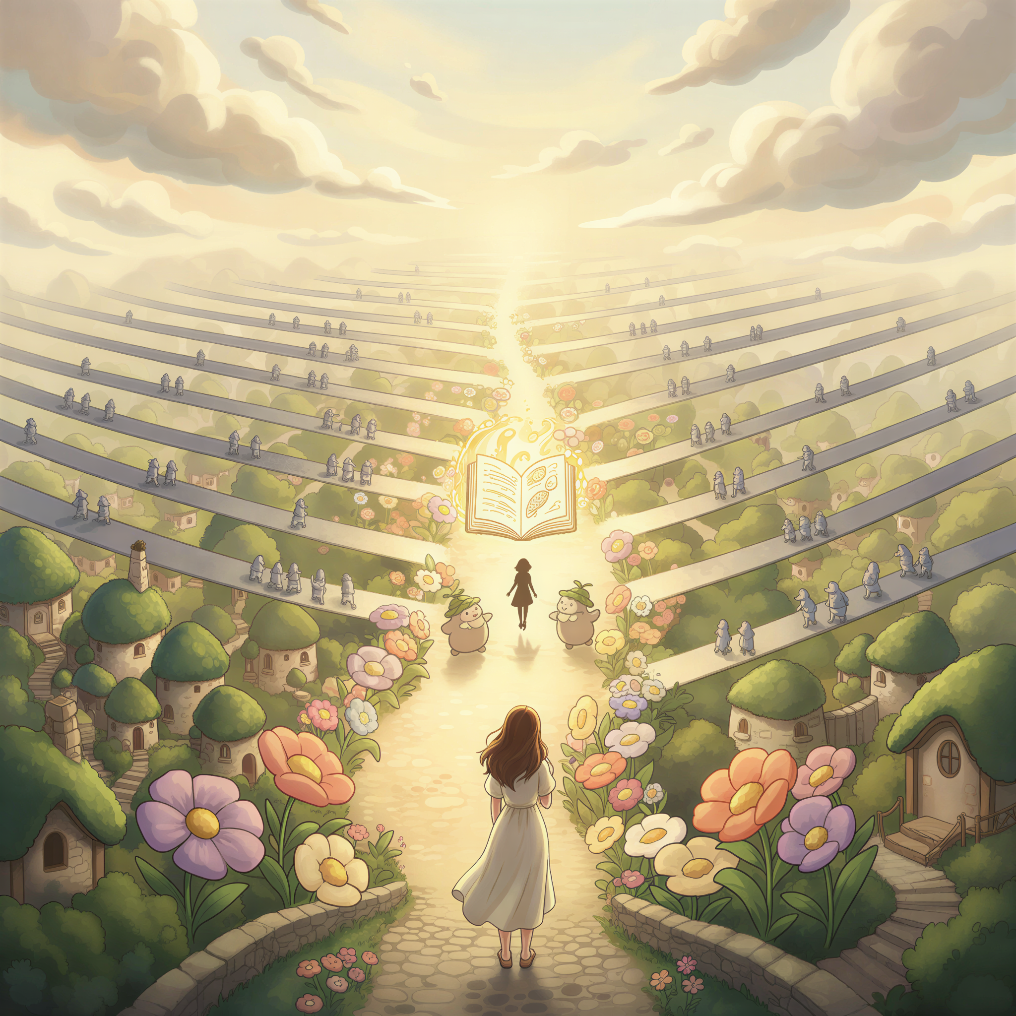 Ghibli illustration of a busy, stylized email inbox scene where a few brightly illustrated newsletter icons pause a stream of plain text emails.