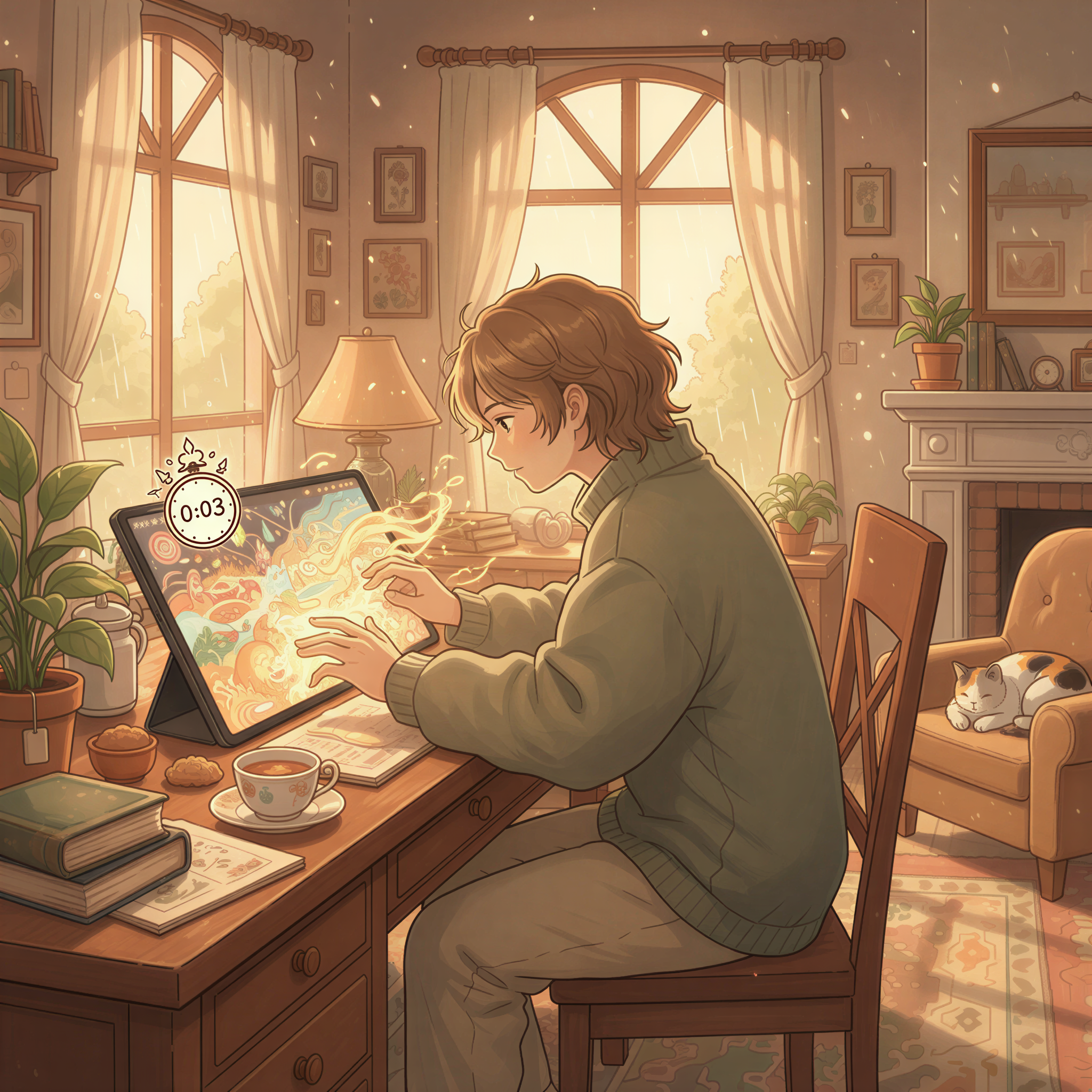Ghibli illustration of a diligent person quickly sketching a beautiful image on a tablet in just a few minutes, suggesting efficiency and high quality.
