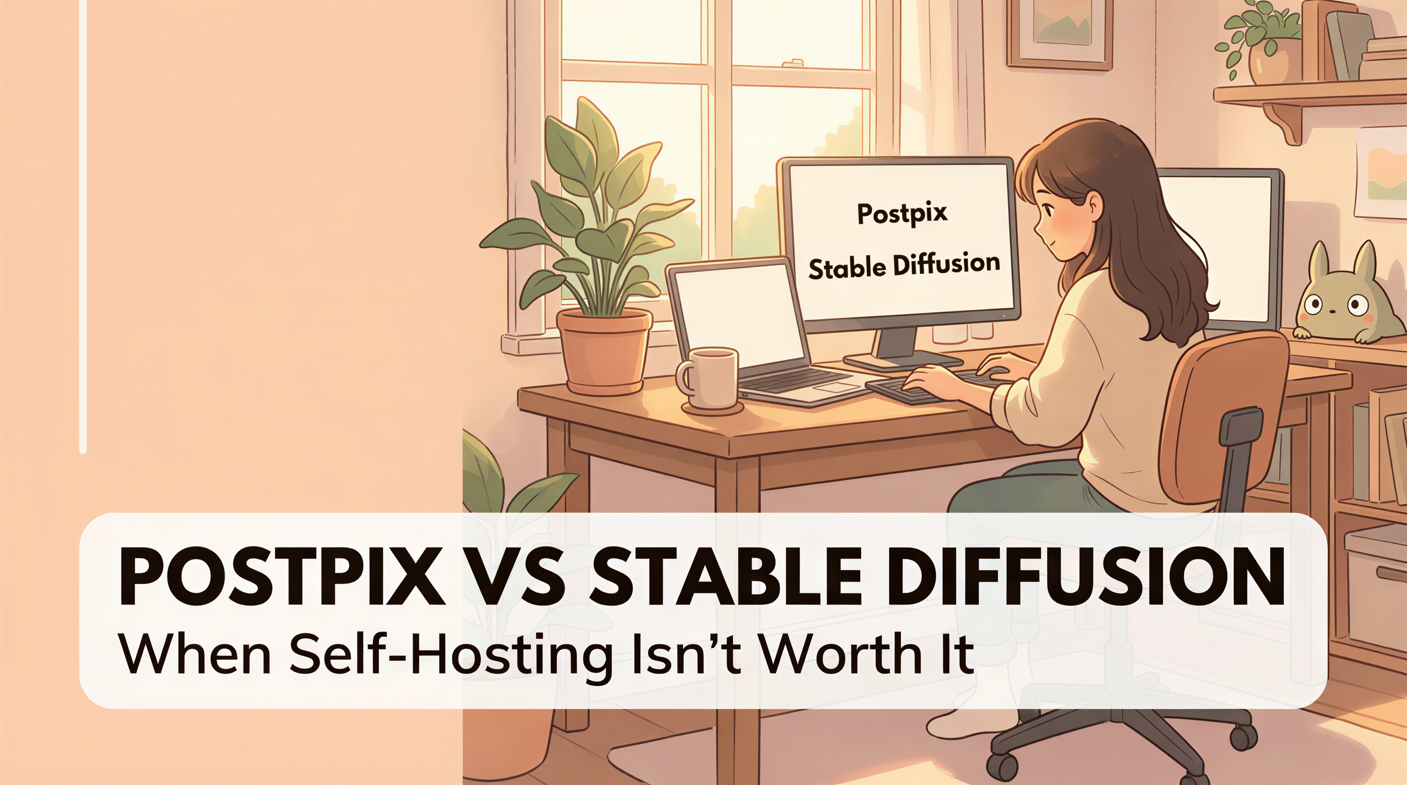 Studio Ghibli-inspired banner comparing Postpix hosted service vs Stable Diffusion self-hosting