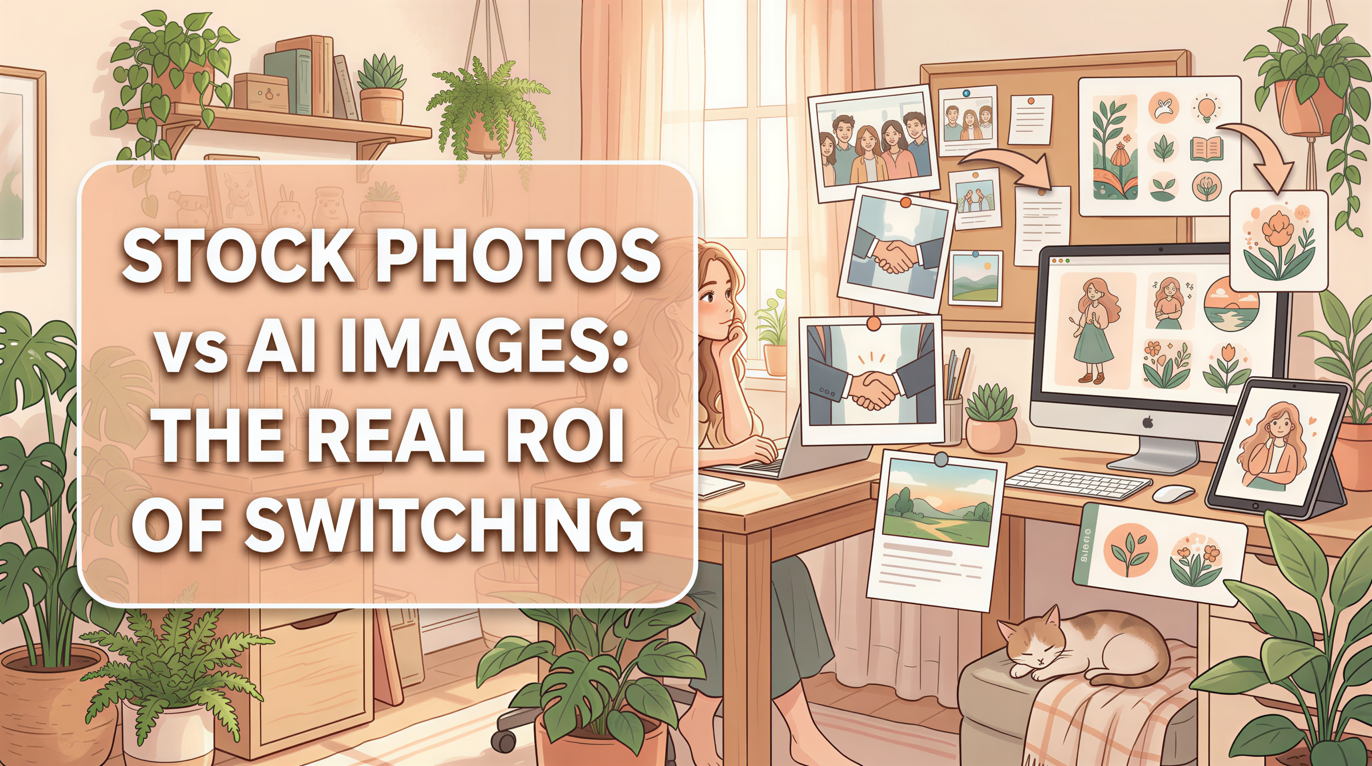 Comparison banner showing stock photos vs AI-generated images and ROI for bloggers