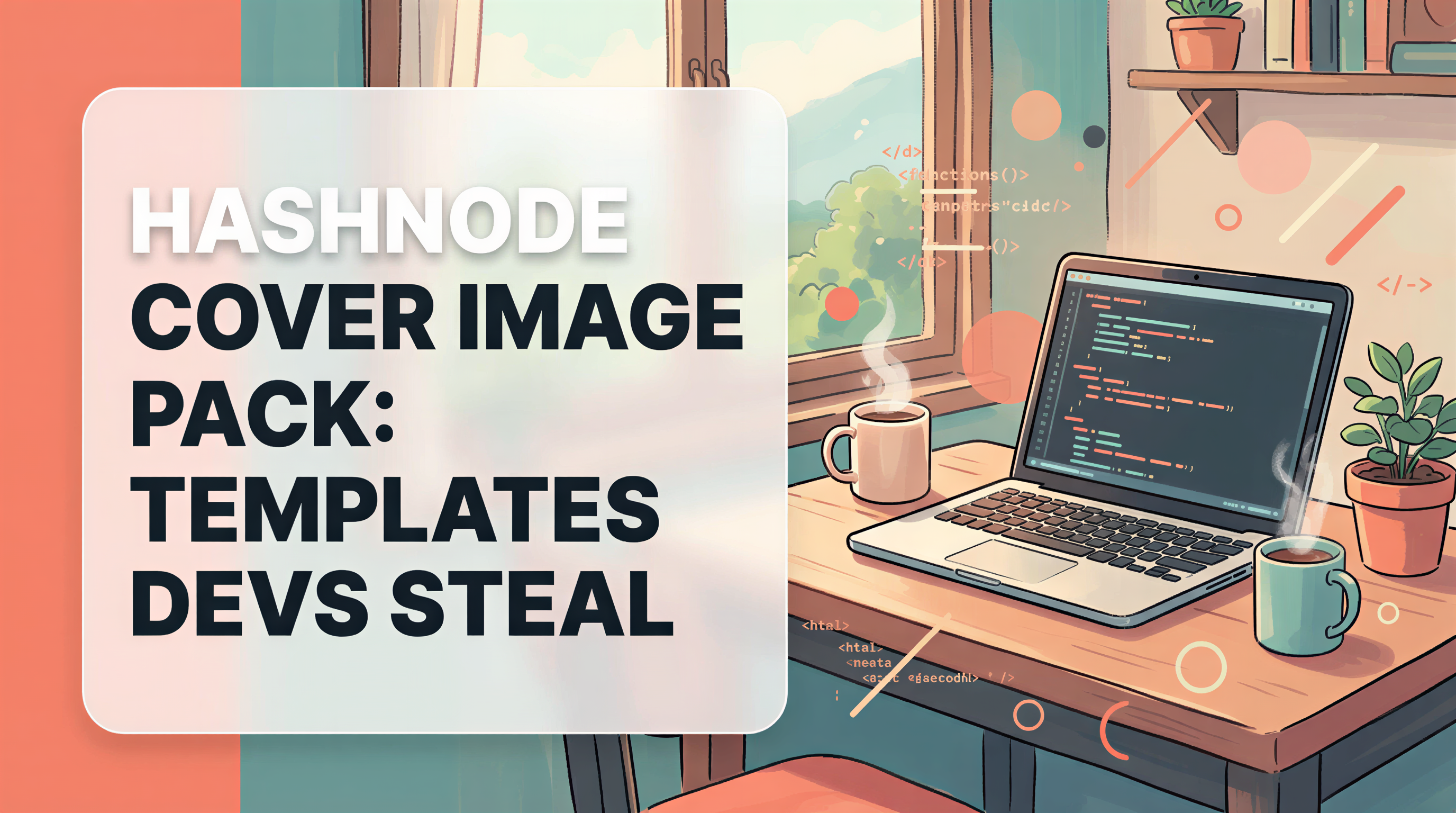 Hashnode cover image pack featuring five styles for dev blogs: code aesthetic, isometric devices, sticker art, editorial photoreal, and geometric patterns