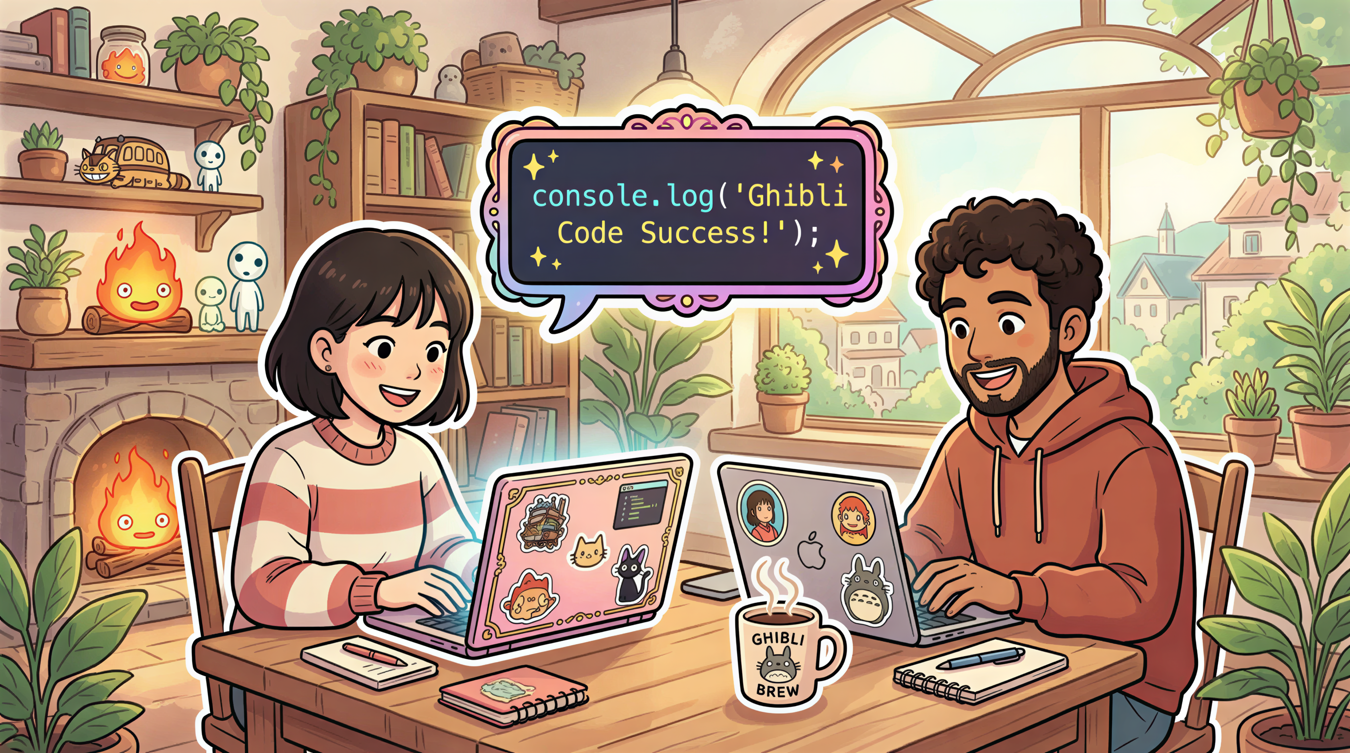 Hashnode cover image in sticker/cartoon tech style with laptop and console.log
