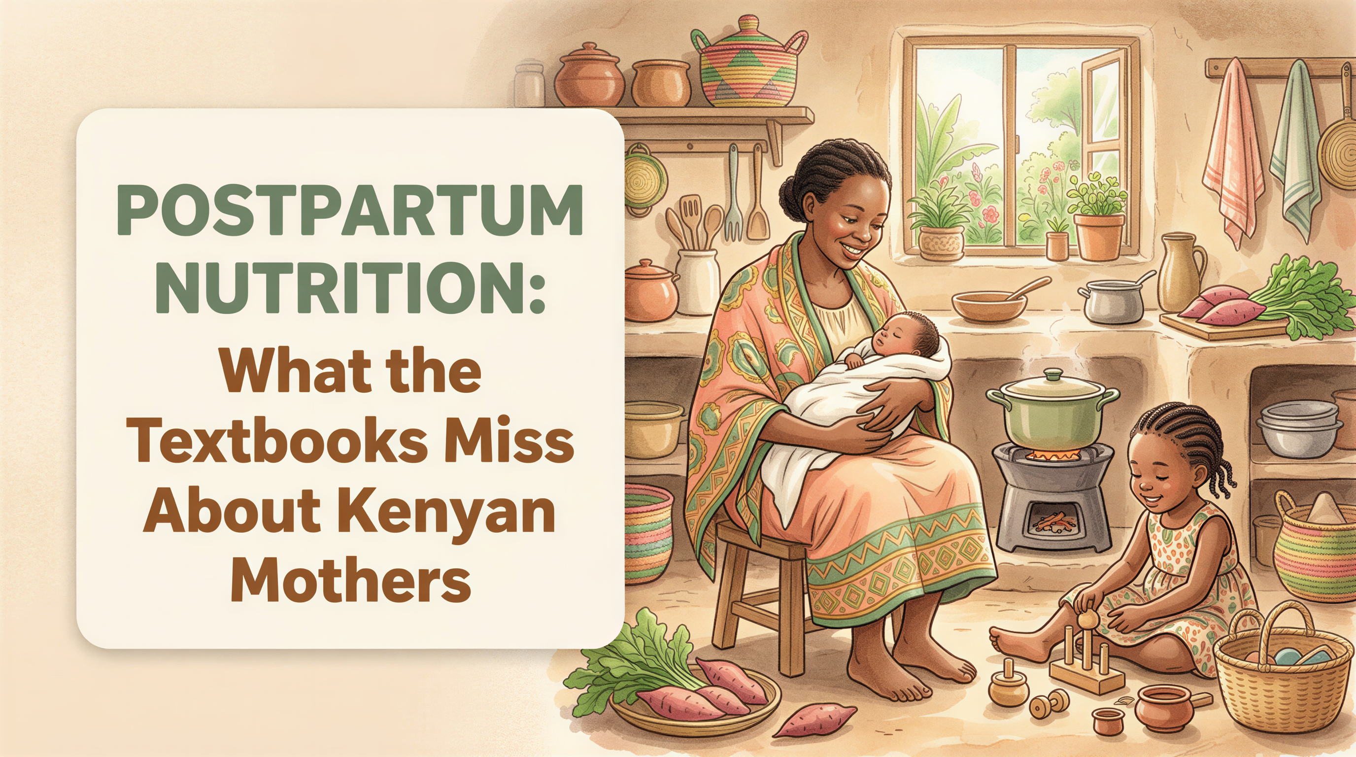 Postpartum nutrition Kenya banner with Kenyan mother and family