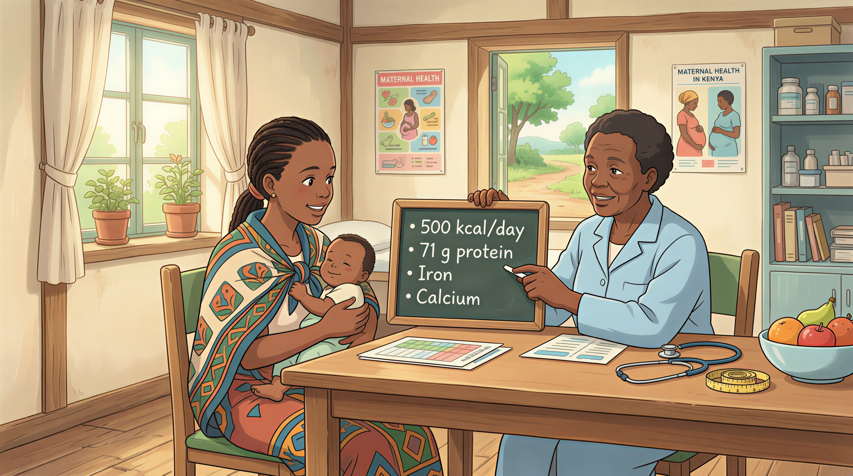 Clinician and Kenyan mother reviewing postpartum nutrition guidelines