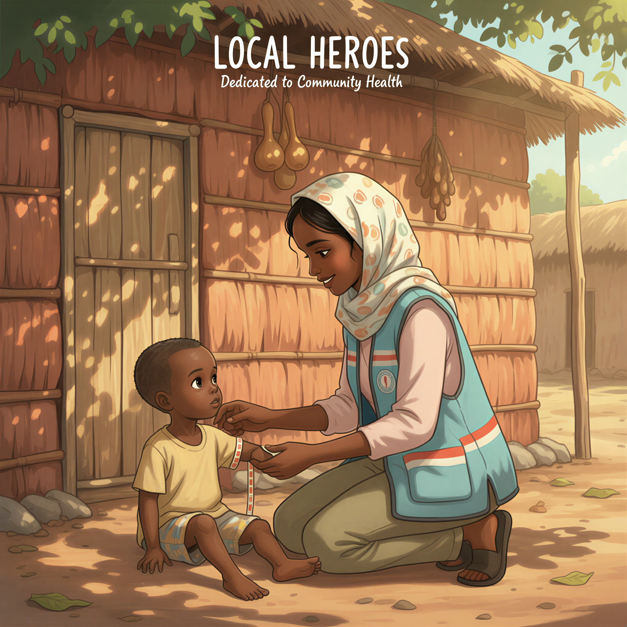 Ghibli style image of a Kenyan Community Health Volunteer (CHV) using a MUAC tape on a young child in a rural Garissa setting.