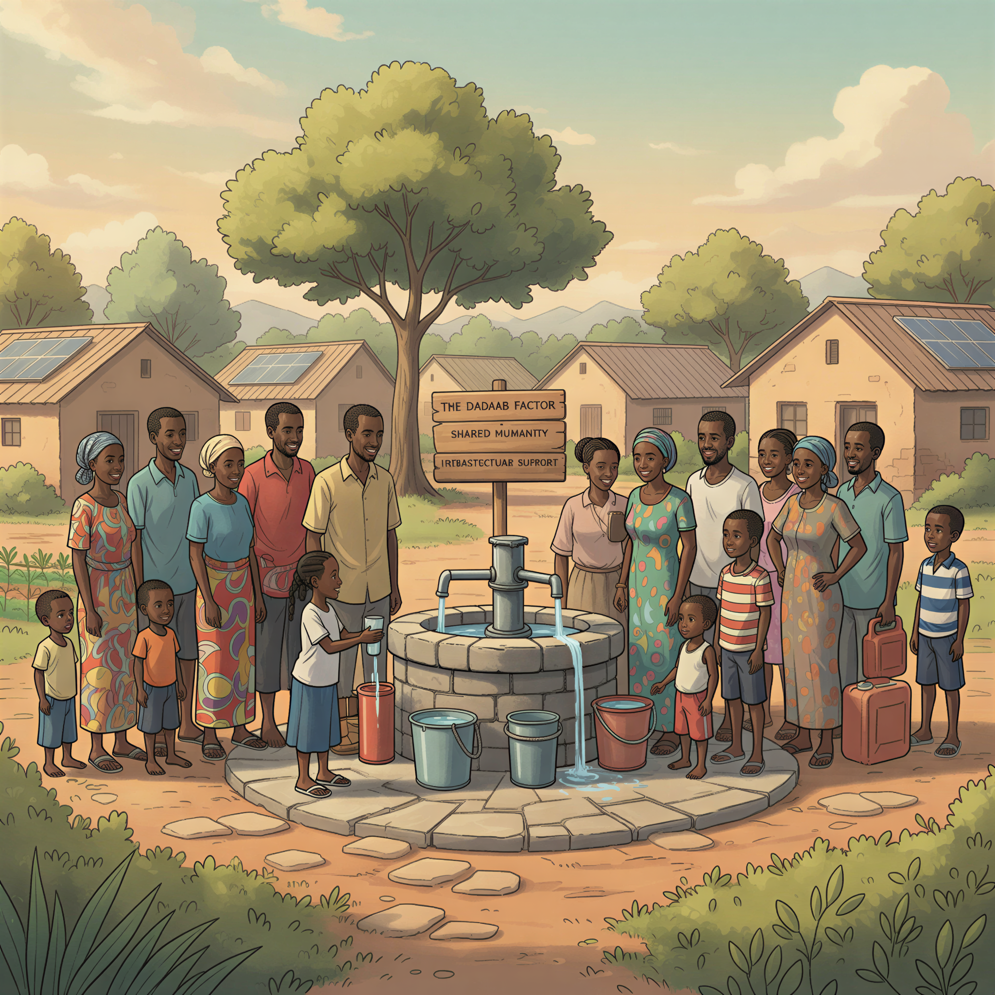 Studio Ghibli aesthetic focusing on 'The Dadaab Factor'. A scene showing an integrated community setting near a functional, clean water source (like a community tap or borewell). People from the host community and refugees (distinguished subtly by attire, but interacting harmoniously) are sharing a brief moment or queuing respectfully. Soft, resilient lighting. Focus on shared humanity and infrastructure support. Colors should be slightly muted but warm, reflecting resource sharing.