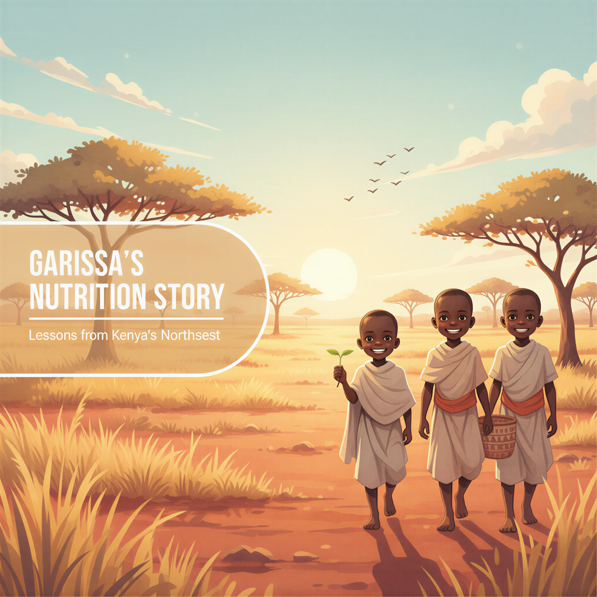 Studio Ghibli style image depicting diverse Kenyan children smiling in a warm, sunlit Garissa landscape, overlaid with the title.
