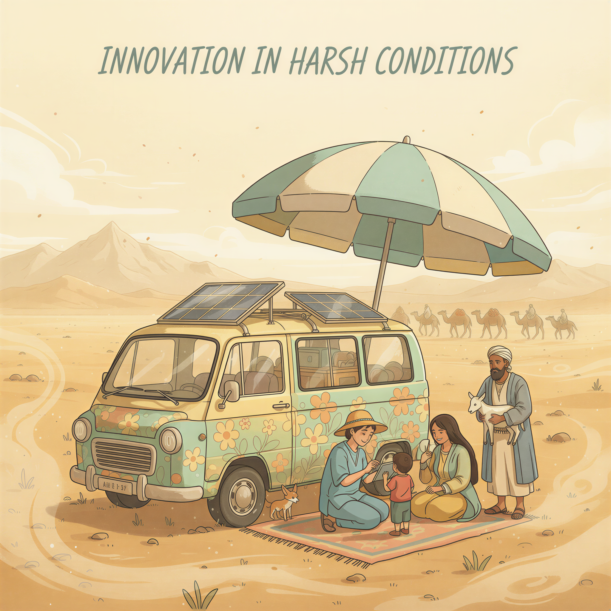 Studio Ghibli aesthetic depicting 'Innovation in Harsh Conditions'. A small, rugged but brightly colored mobile outreach vehicle (perhaps repurposed van) is parked under an umbrella near a small gathering of a nomadic family (herders and camels visible in the distance). A health worker is conducting screening. Soft, dusty light characteristic of the arid region, but with Ghibli's signature warmth. Pale blues and light yellows dominate.