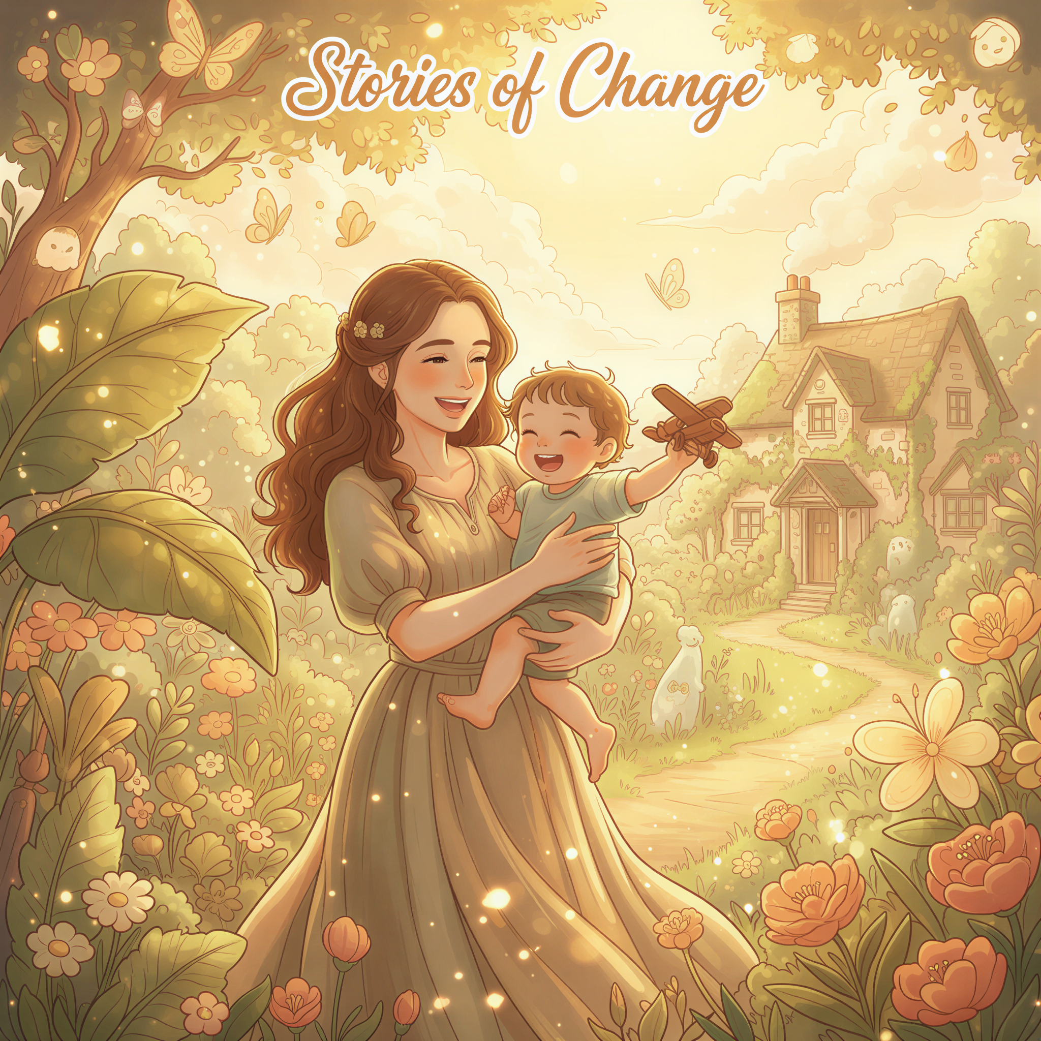 Studio Ghibli aesthetic capturing 'Stories of Change' and success. A mother (Amina archetype) beaming with pride and relief, holding her now healthy, energetic toddler. The child is vibrant and smiling widely, perhaps playing with a small wooden toy. Bright, hopeful sunlight filters through foliage. Focus on the child's restored health and the mother's empowerment. Very warm and inviting color palette.