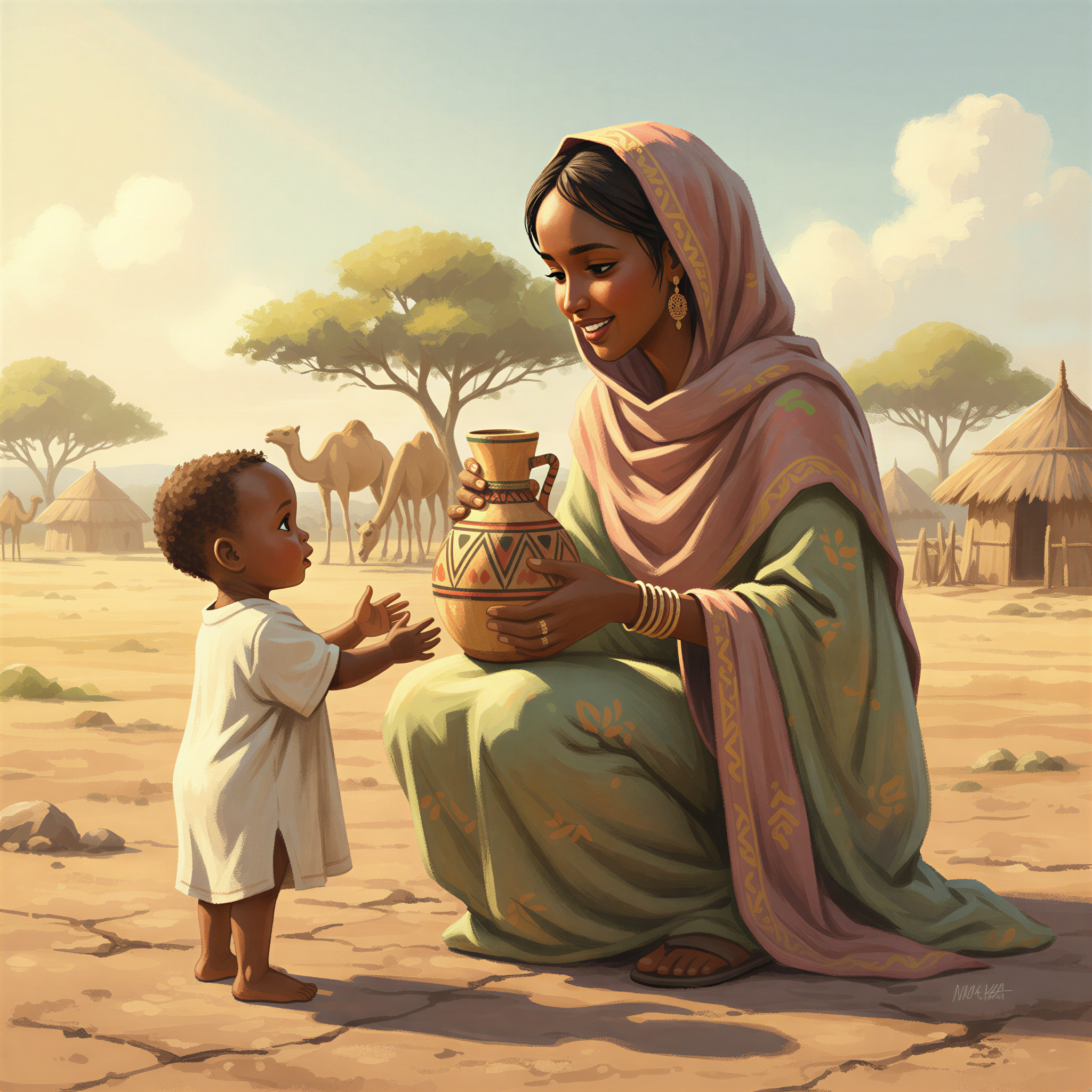 A Kenyan pastoralist woman in Garissa offering fresh camel milk to a young child under soft Ghibli lighting.