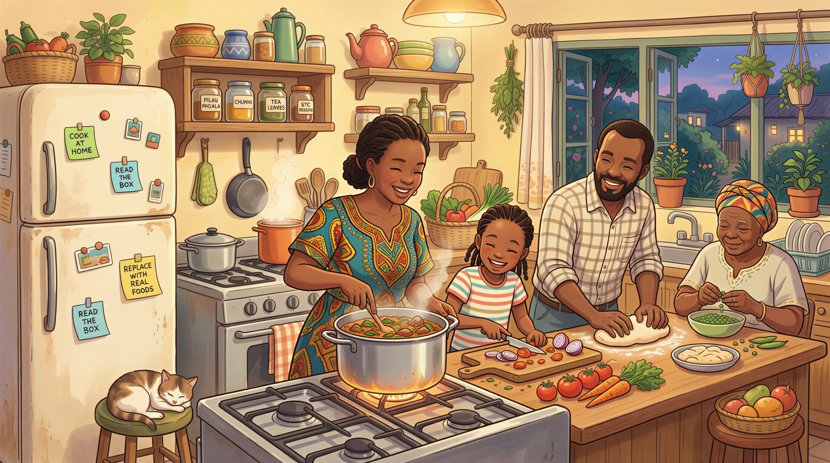 Family cooking at home with simple steps to reduce UPF intake