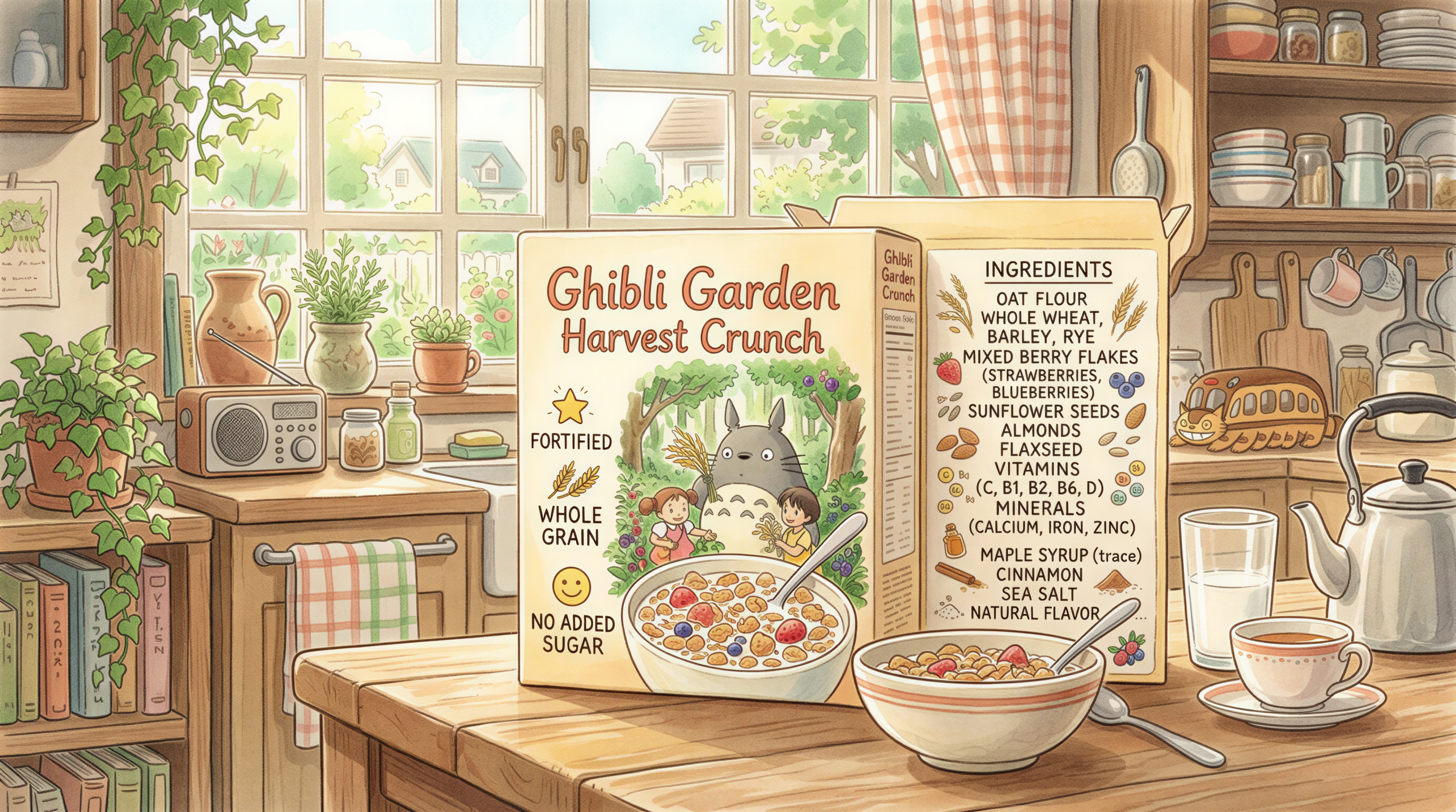 Front and back of a cereal box showing marketing claims and ingredients