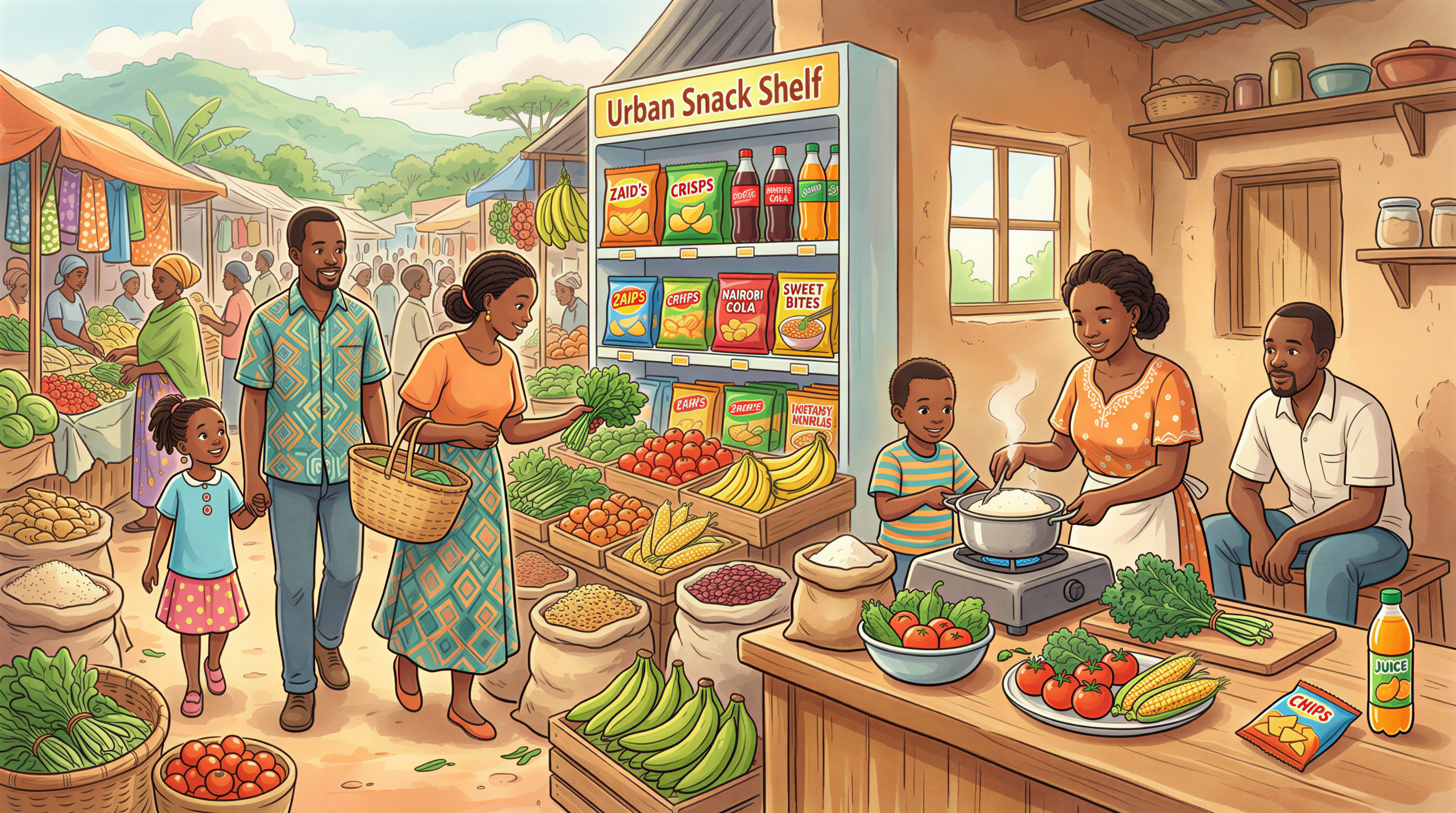 Kenyan family at a market and home exploring UPF consumption shift