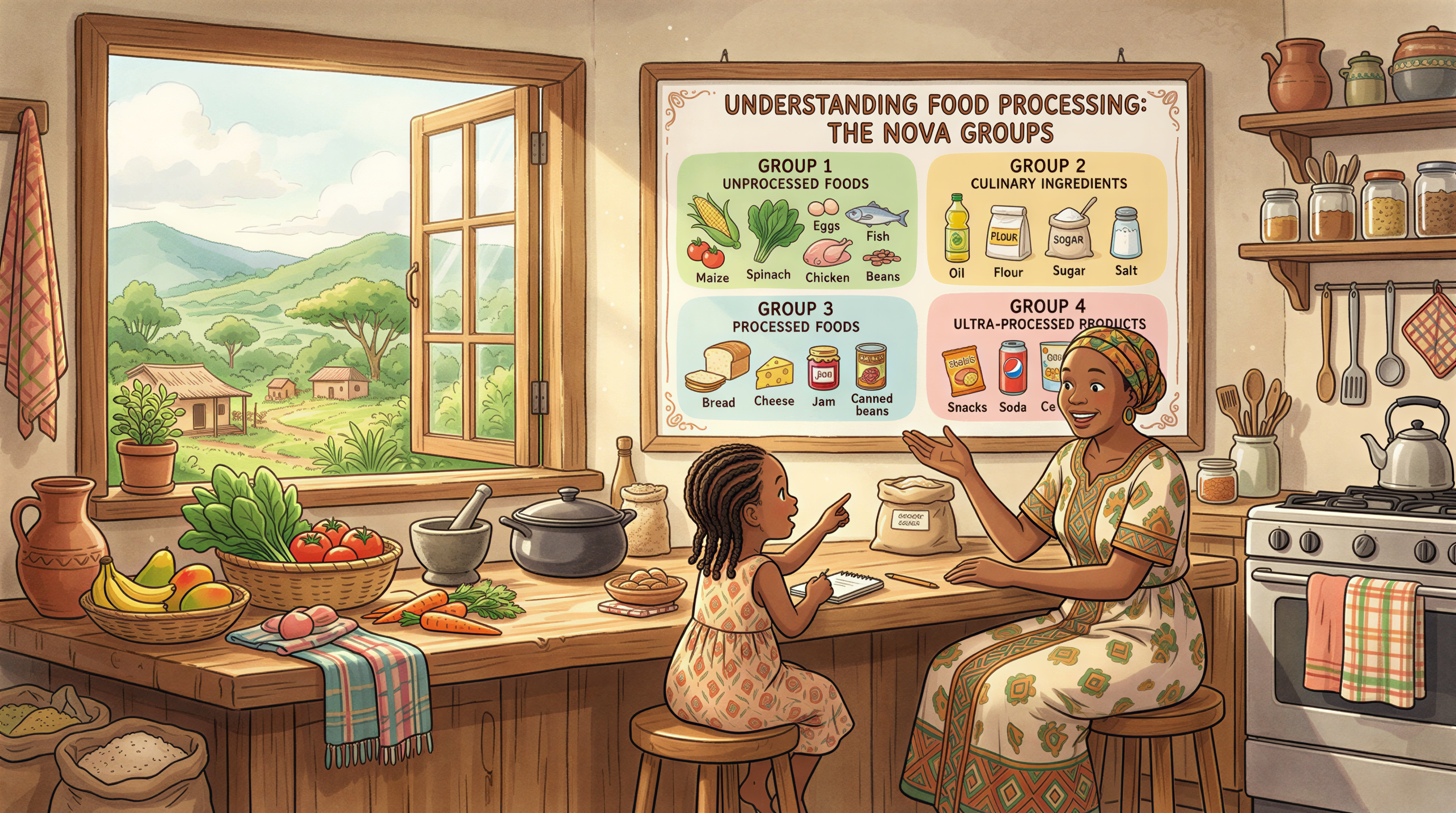 Definition of NOVA food groups and ultra-processed foods explained on a Kenyan kitchen