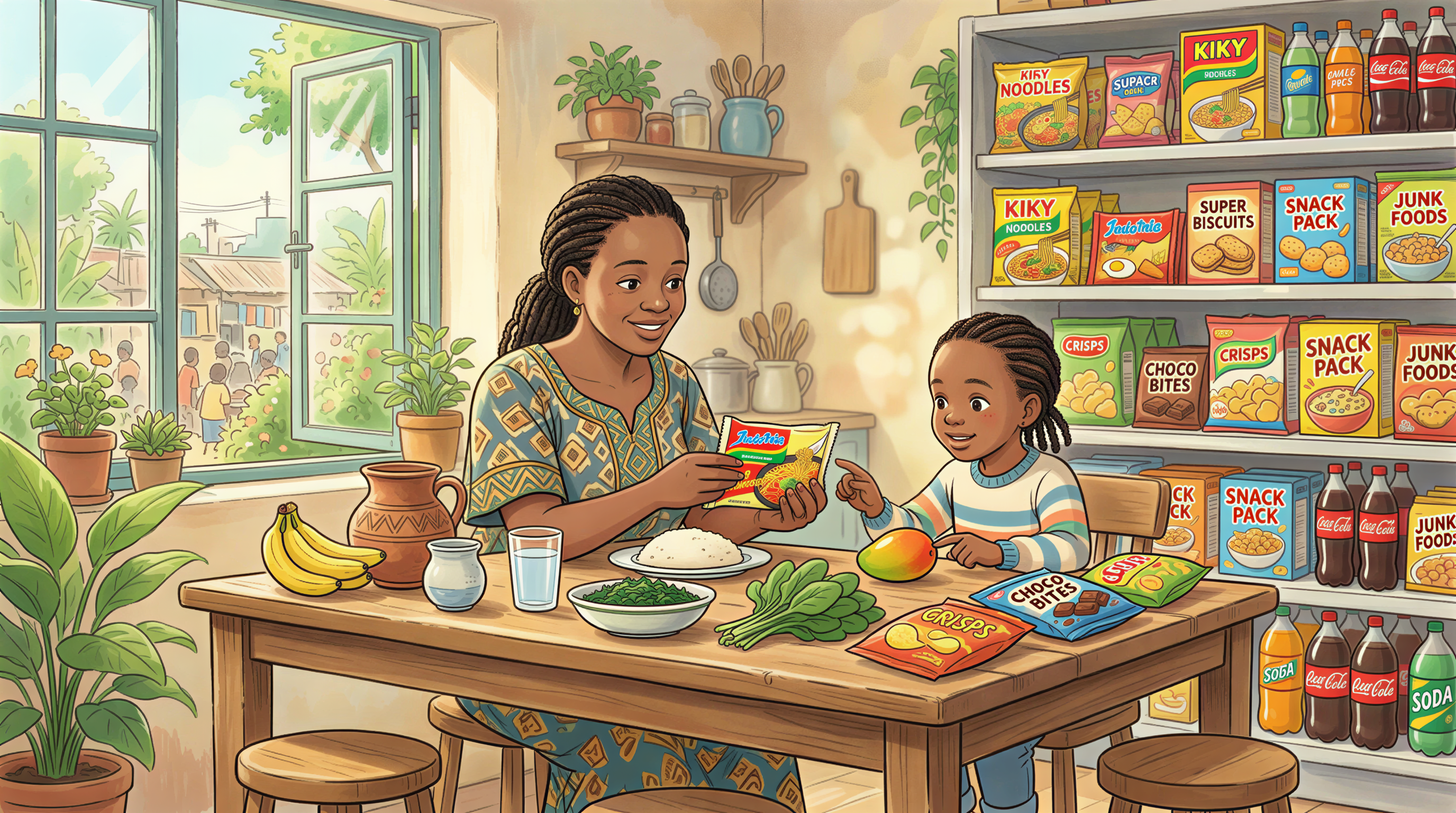 Parent and child discussing healthy choices near cereal shelves