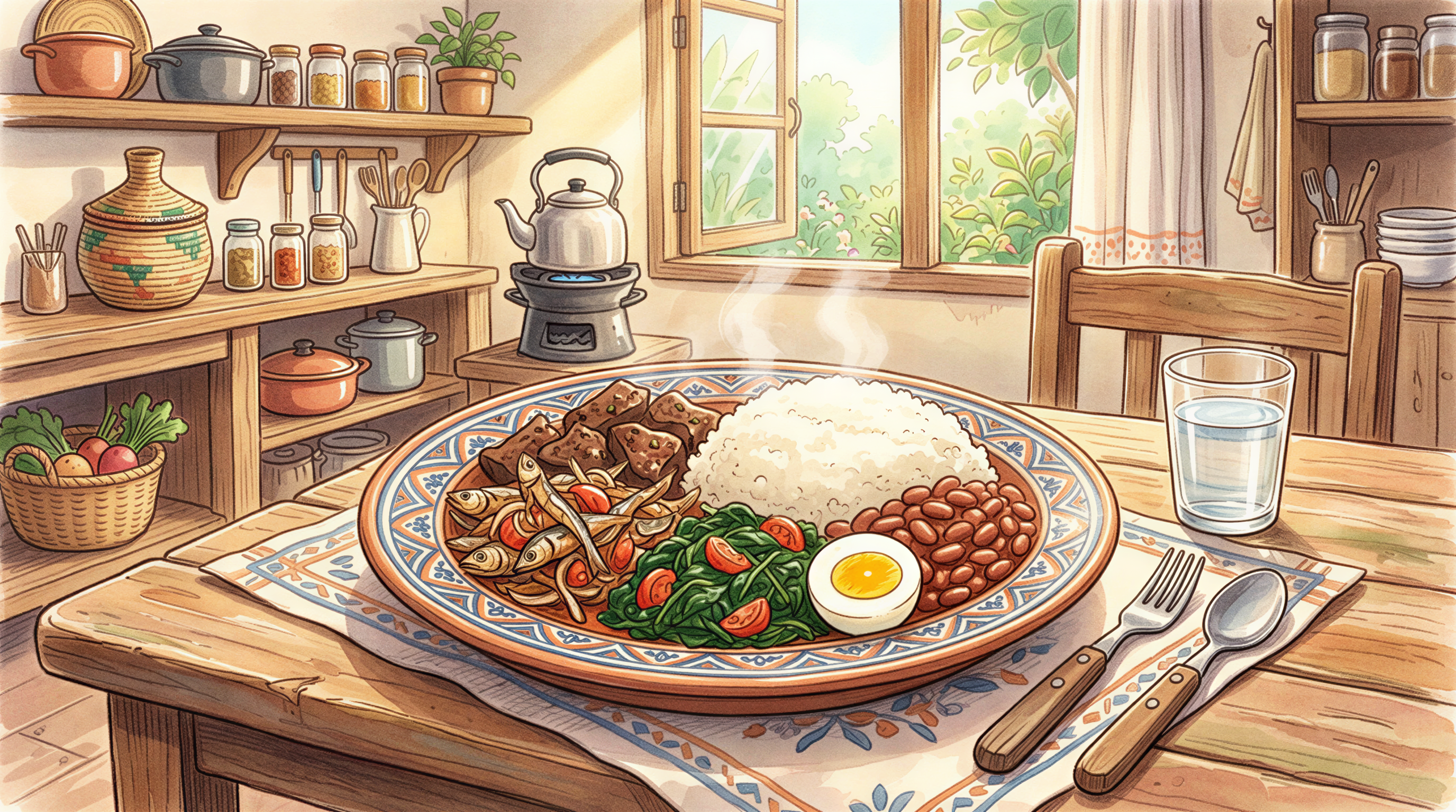 Kenyan plate featuring omena, liver, greens, beans, eggs and fortified maize flour