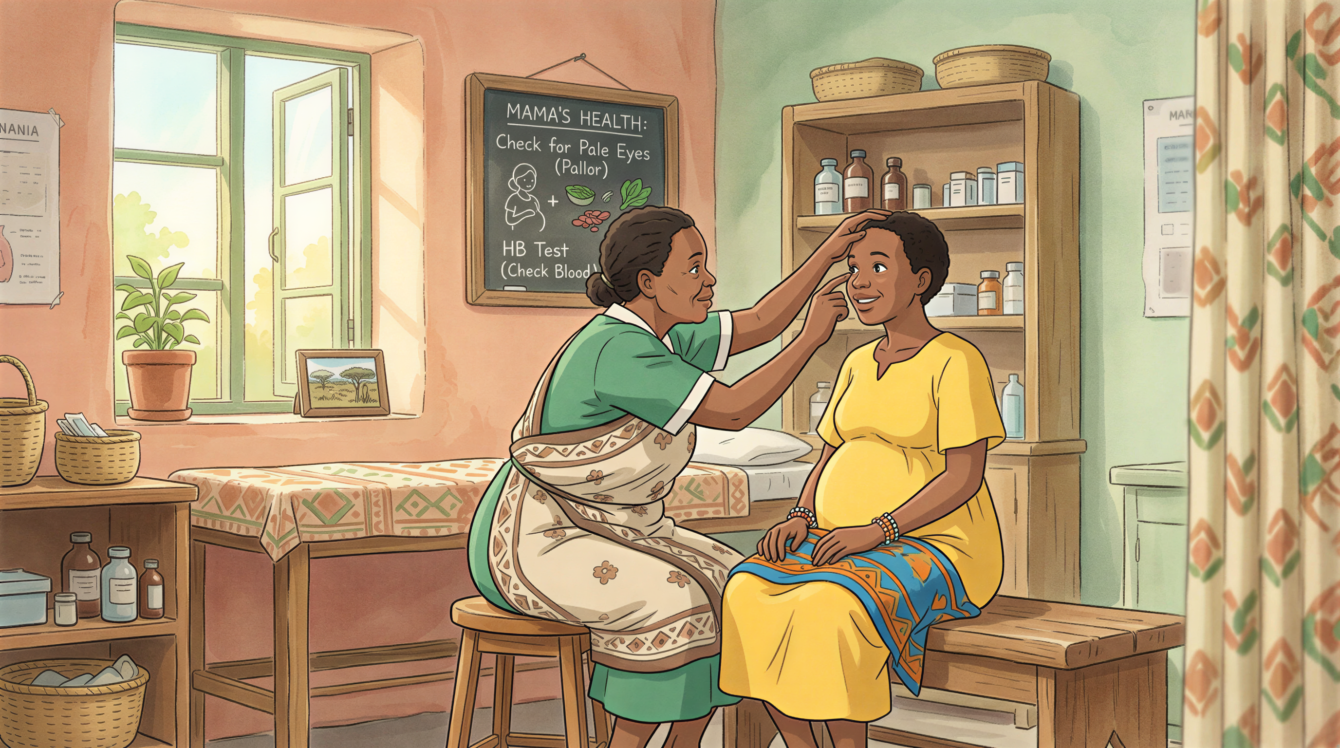 Kenyan clinic scene showing a midwife checking pallor in a pregnant woman Eldoret