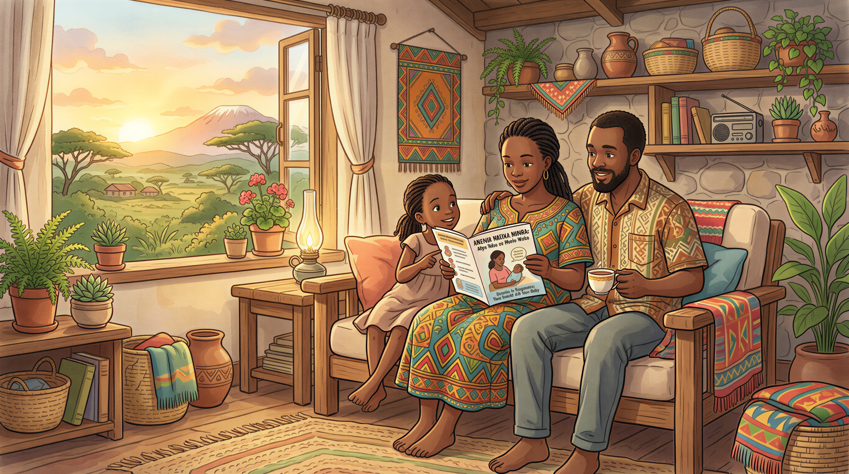 Pregnant mother reading anemia guidance at home in Kenya with family nearby