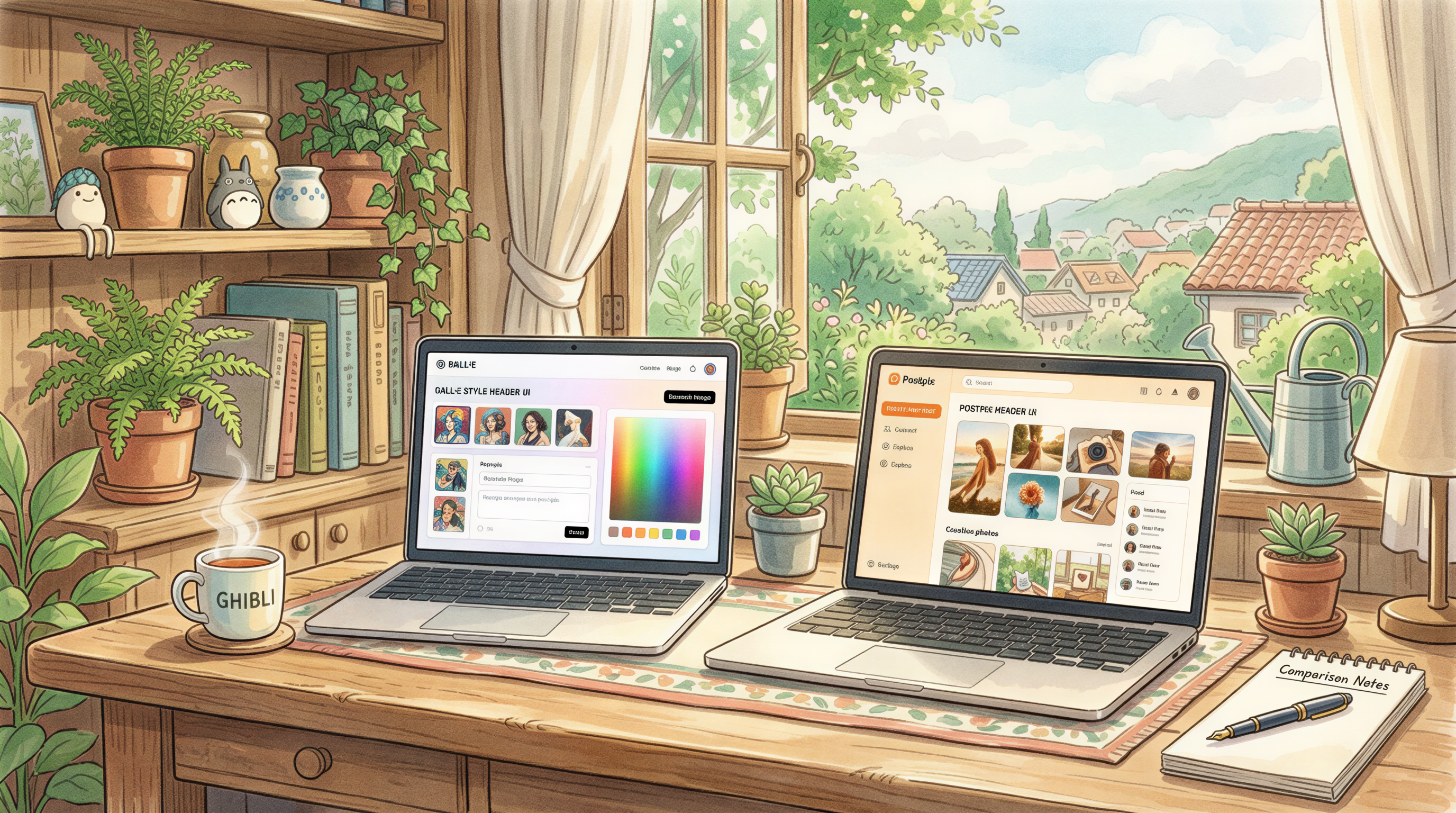 Two laptops on a desk comparing DALL-E and Postpix for quick setup in blog headers