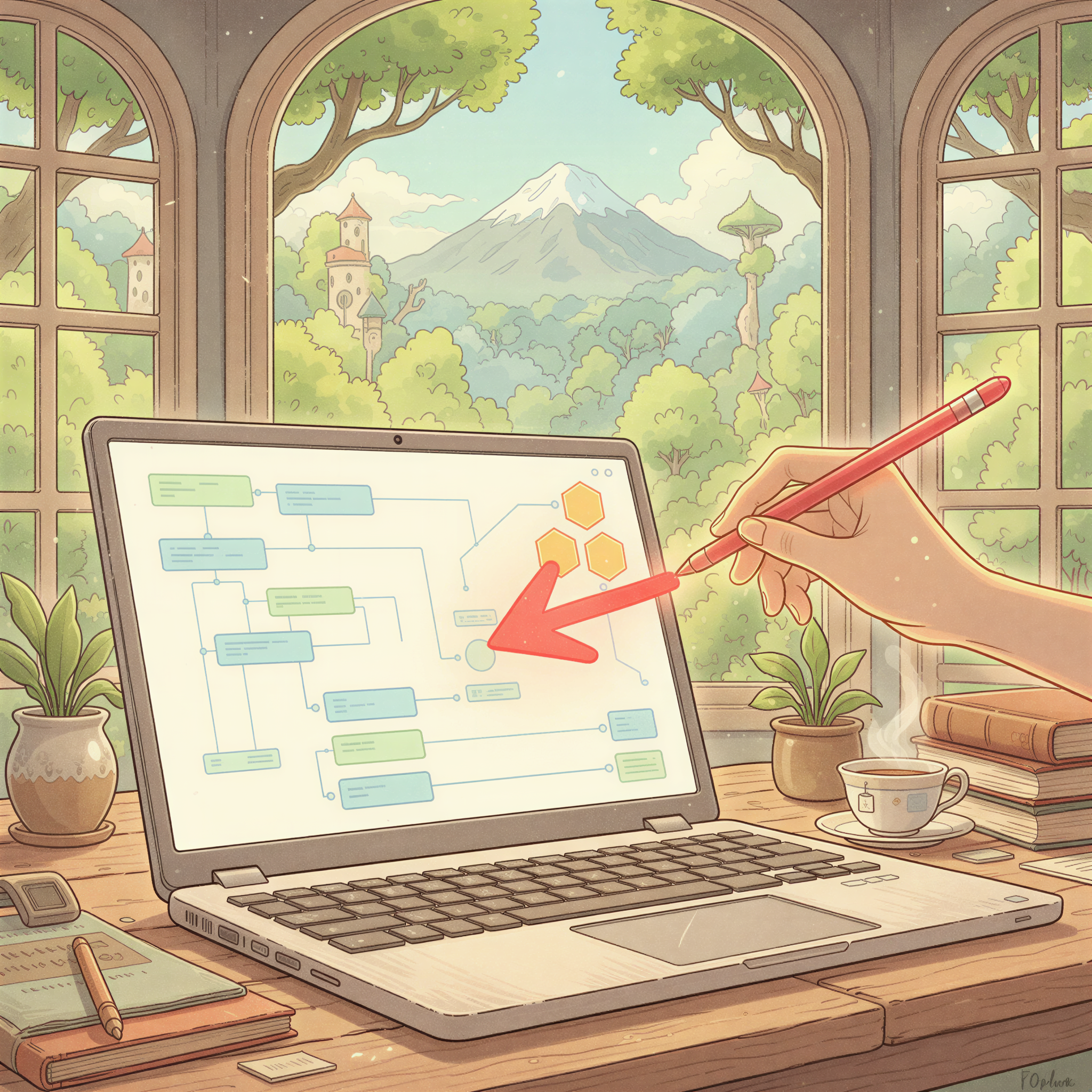 A close-up shot of an open laptop showing a software interface (abstracted, clean lines). A warm, slightly glowing hand uses a stylus or finger to draw a bright red, thick arrow pointing specifically to one part of the screen. Soft lighting emphasizes the focus area. The mood is helpful and instructive.