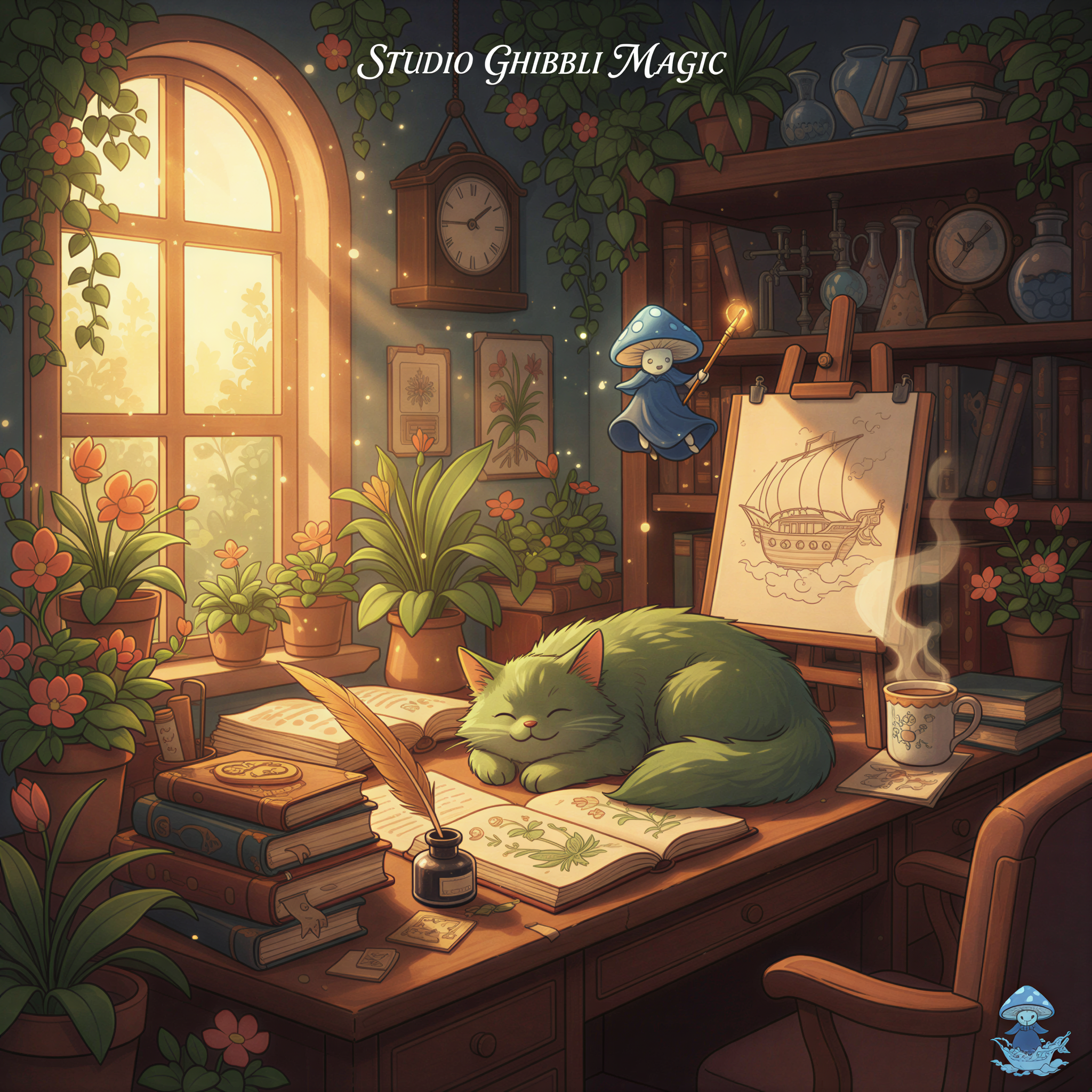 A beautiful, custom illustration depicting a cozy, organized desk scene bathed in golden hour sunlight. Instead of a stock photo, there is a unique, consistent visual style present—perhaps featuring a familiar, recurring character or motif unique to this visual brand. Warm orange and deep blue tones dominate. Focus on originality and brand recognition.