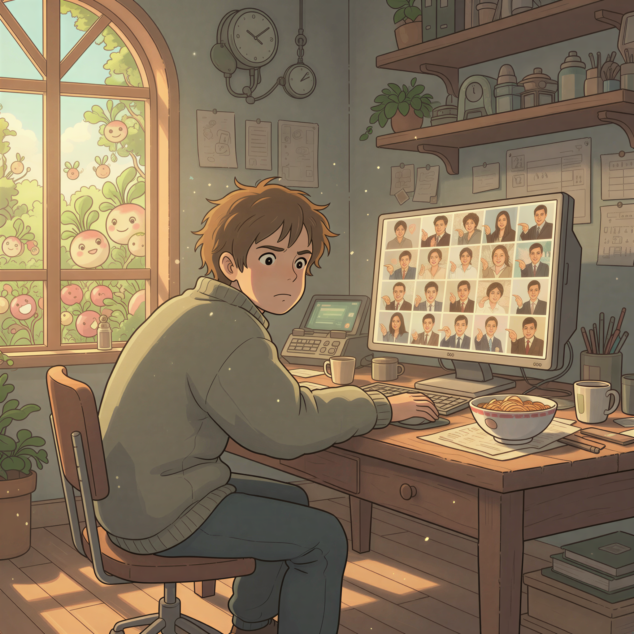 Frustrated content creator looking at generic stock photo thumbnails, Studio Ghibli style.