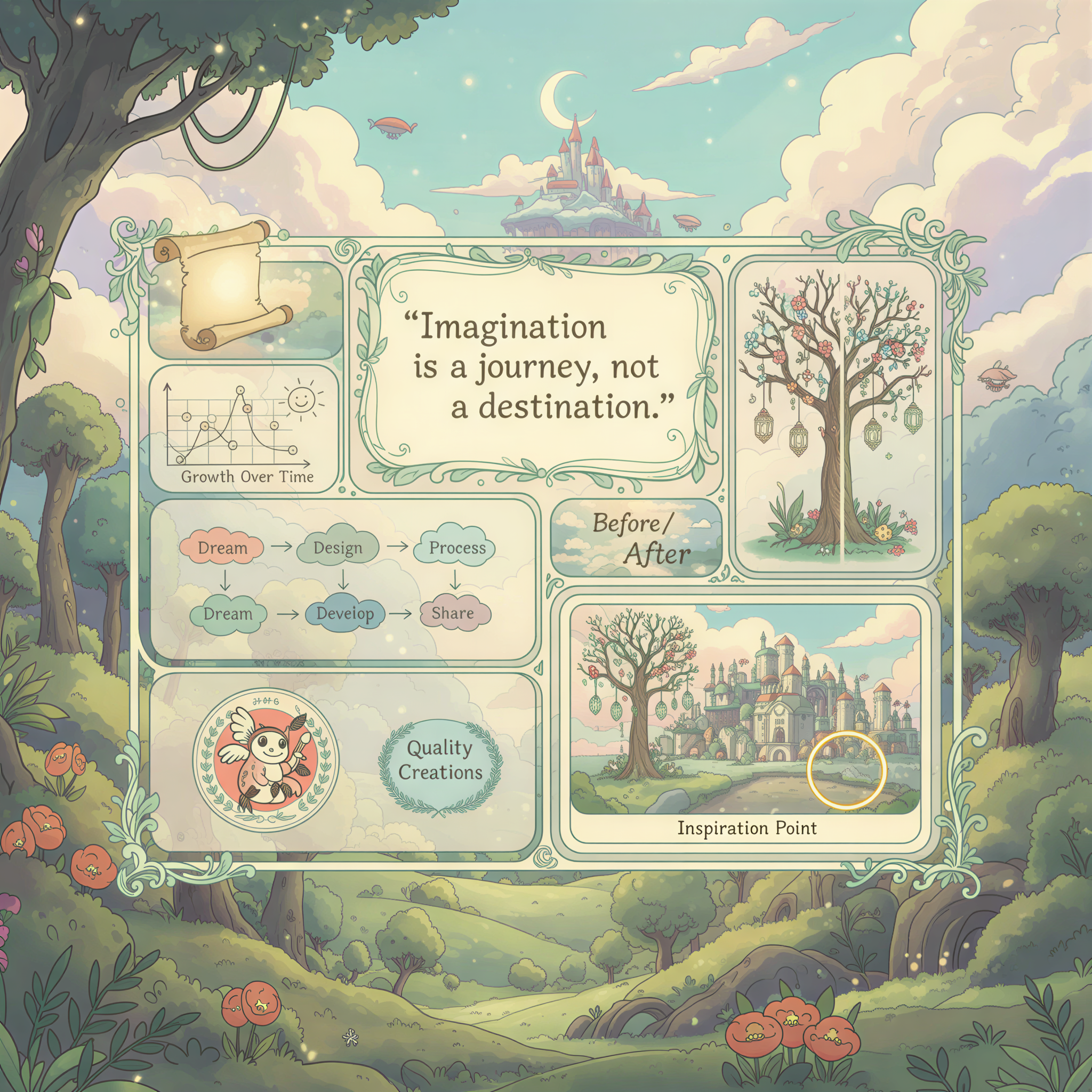 A colorful, whimsical grid showcasing seven distinct visual types for blogs in Studio Ghibli style, representing different image categories.