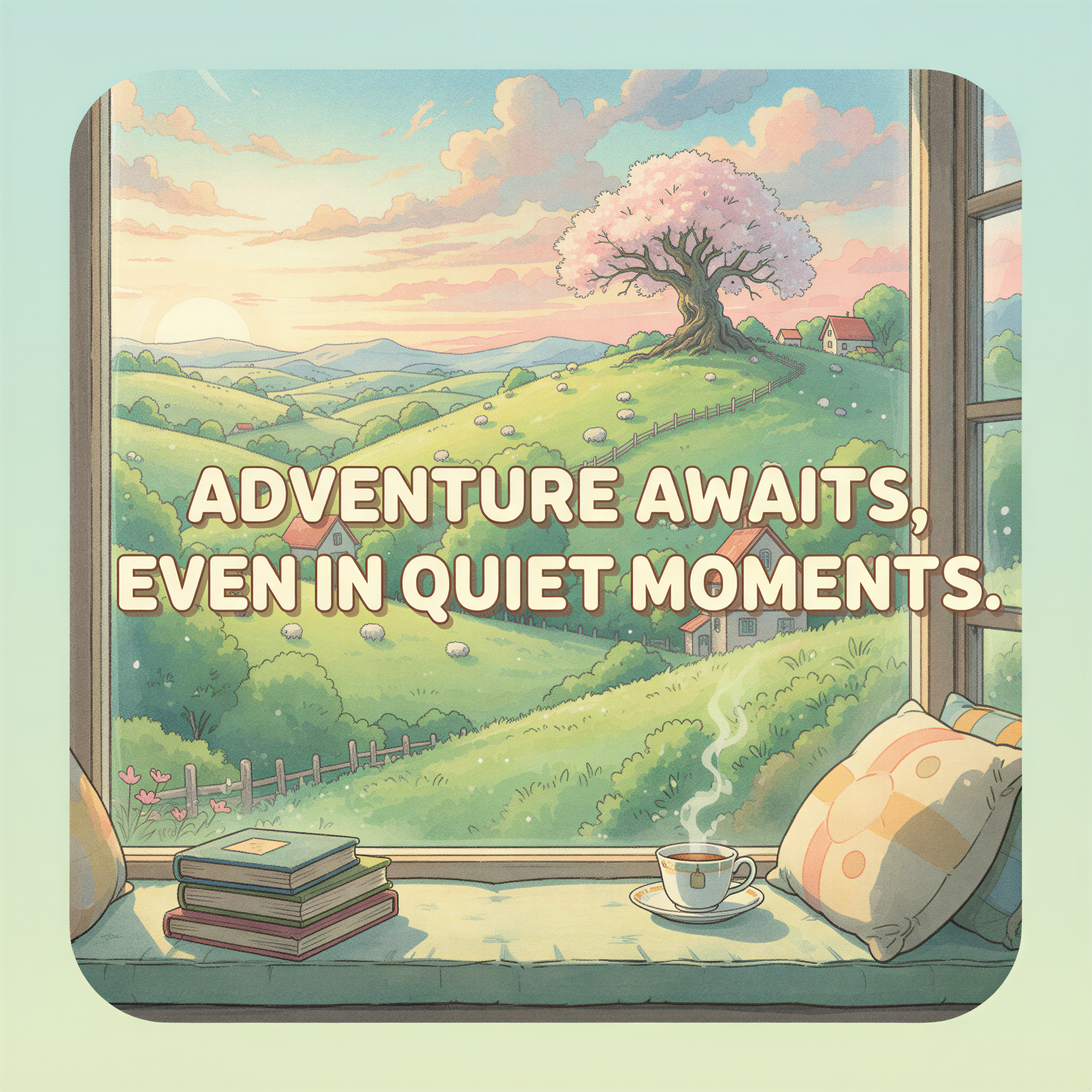A beautifully framed, pastel-colored square image designed as a quote card. Large, readable, friendly typography contains a powerful, single sentence quote (no specific text needed). The background is a blurred, peaceful scene—perhaps rolling green hills or a quiet library corner. The image feels self-sufficient and valuable.