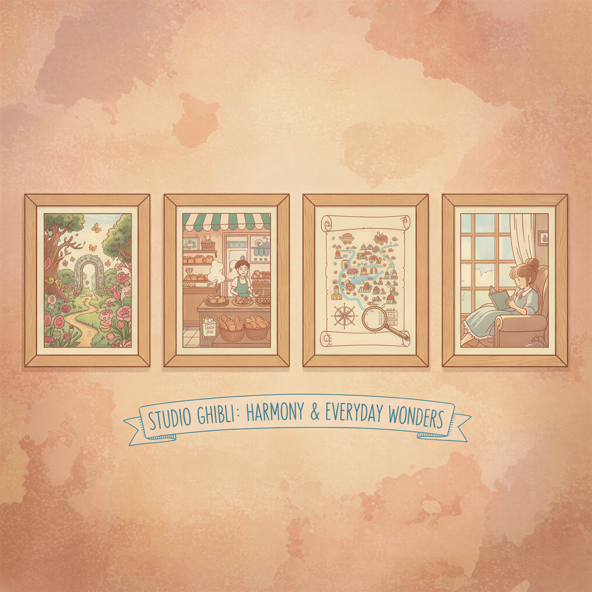 Four distinct but stylistically identical framed illustrations hang side-by-side on a textured, warm-toned wall. Each illustration depicts a different everyday scene, but all share the exact same soft color palette, line weight, and dreamy lighting. The composition radiates unity and brand recognition.