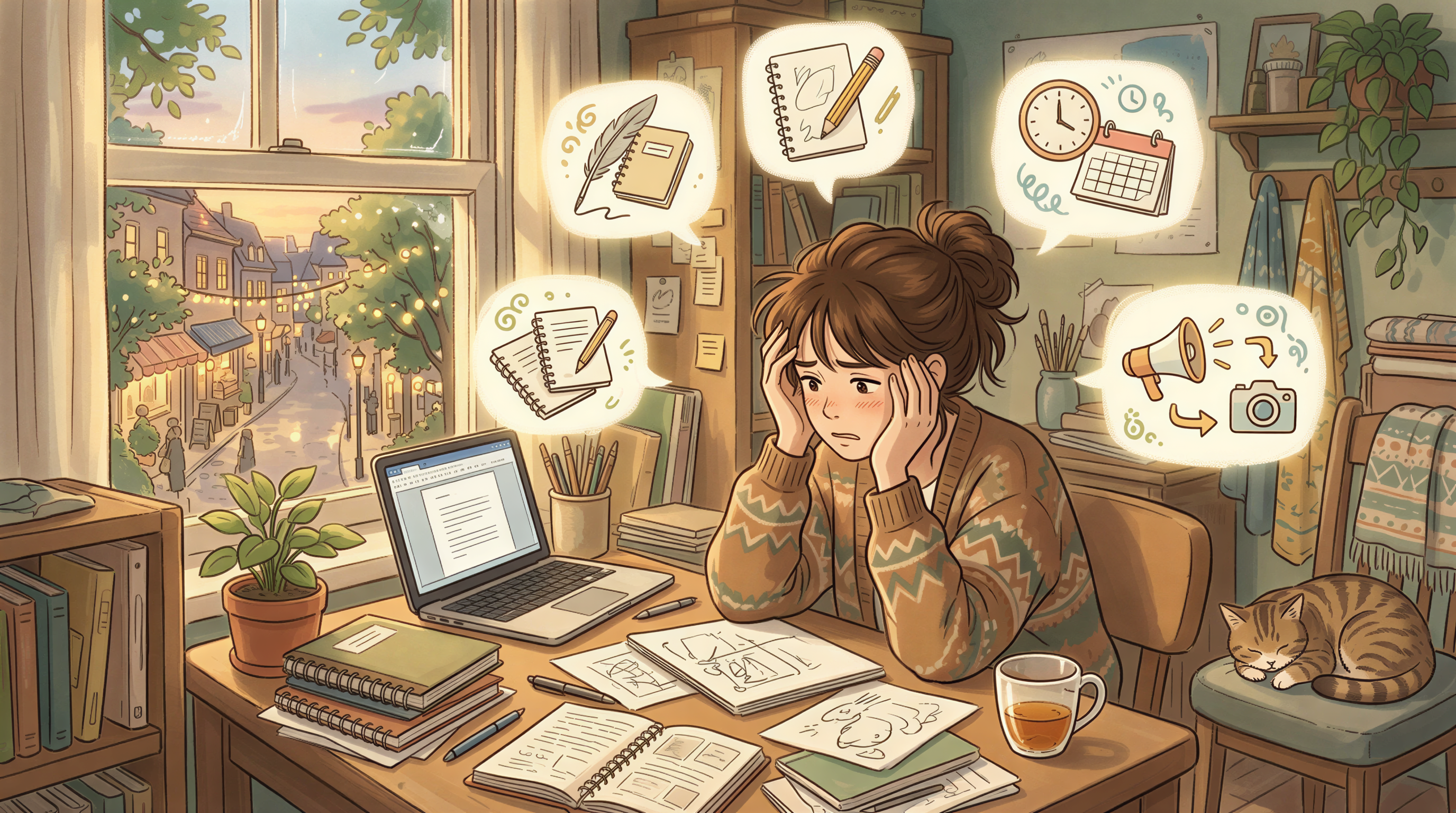 An exhausted shop owner sitting at a desk juggling four tasks related to social media