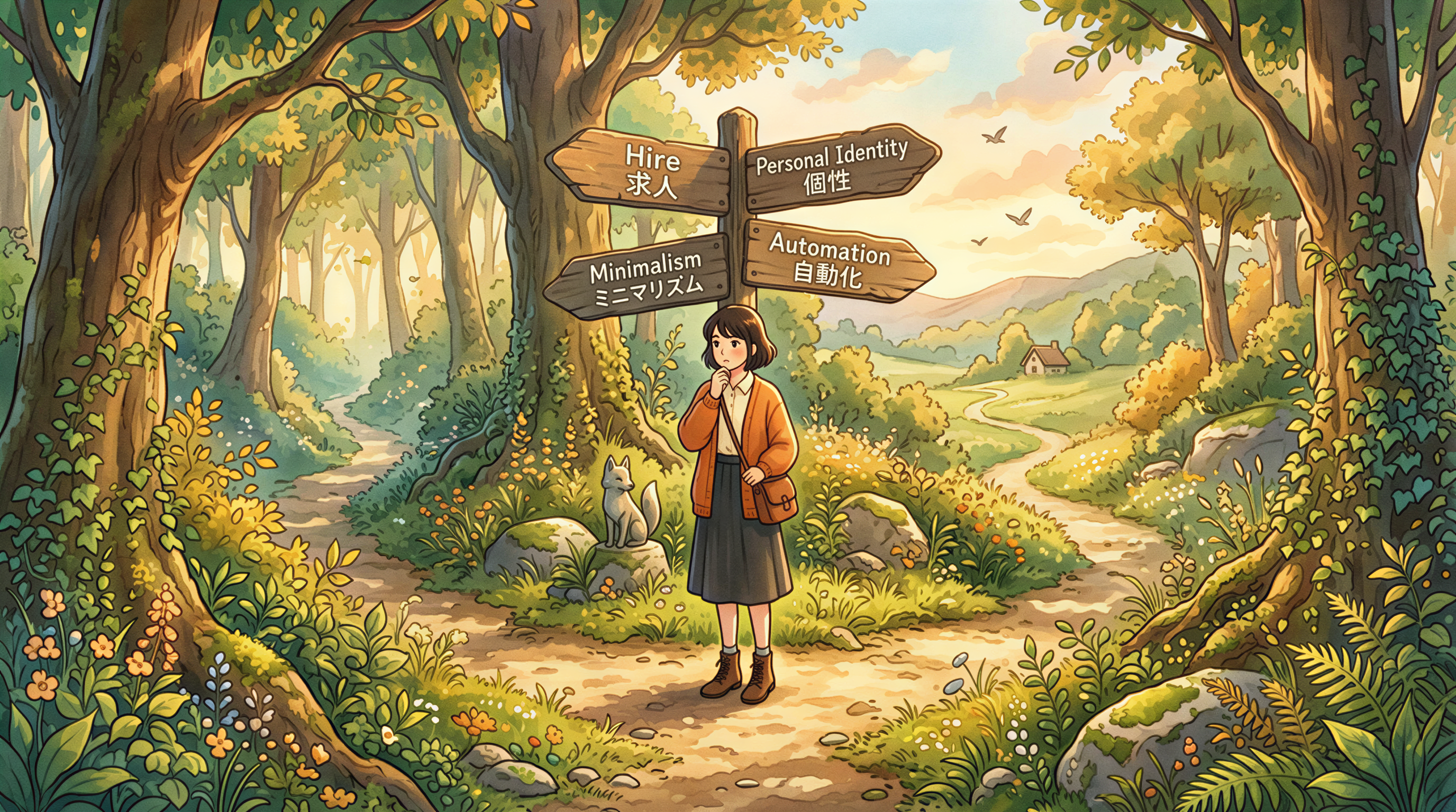 A small business owner choosing between four different paths in a forest
