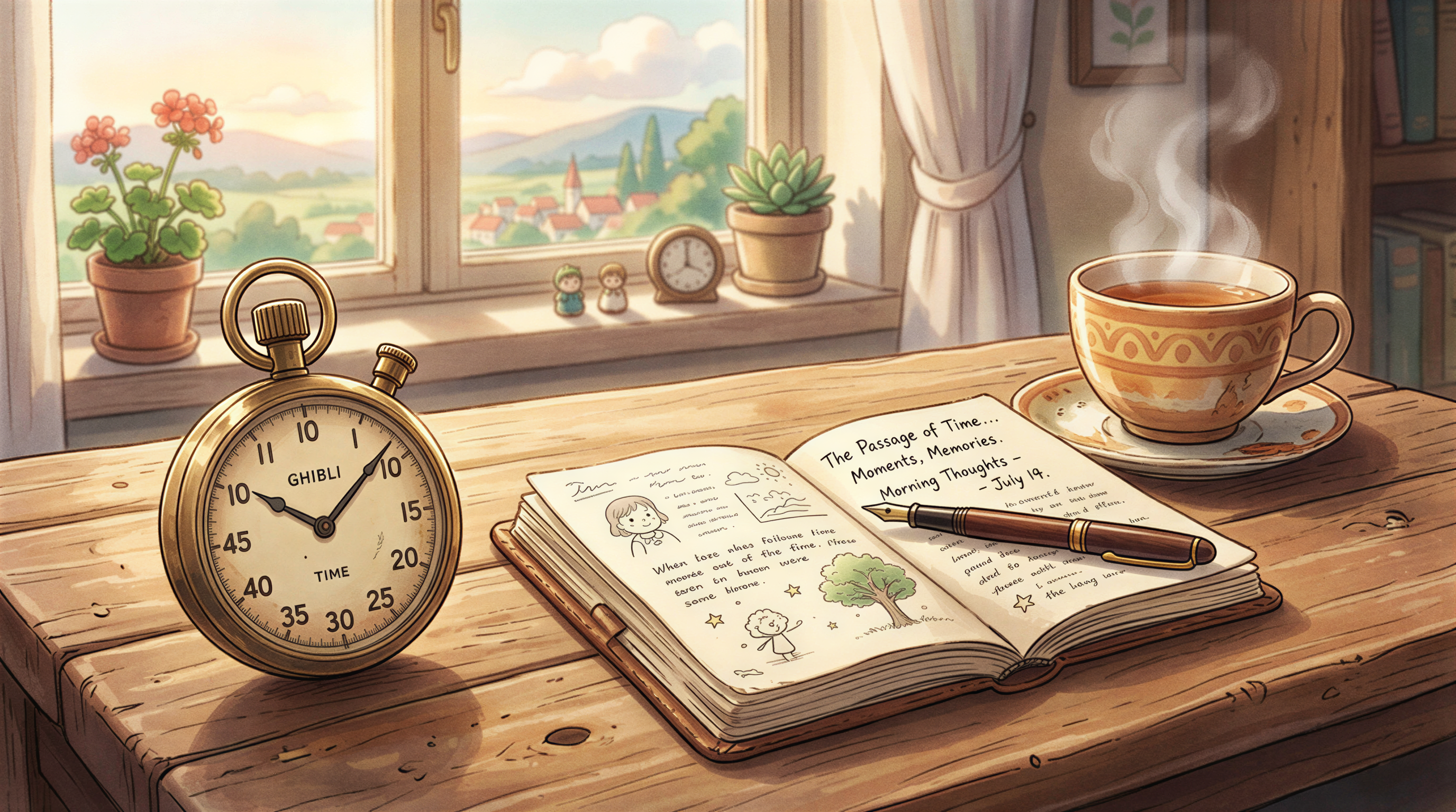 A close up of a stopwatch next to a cup of tea on a desk